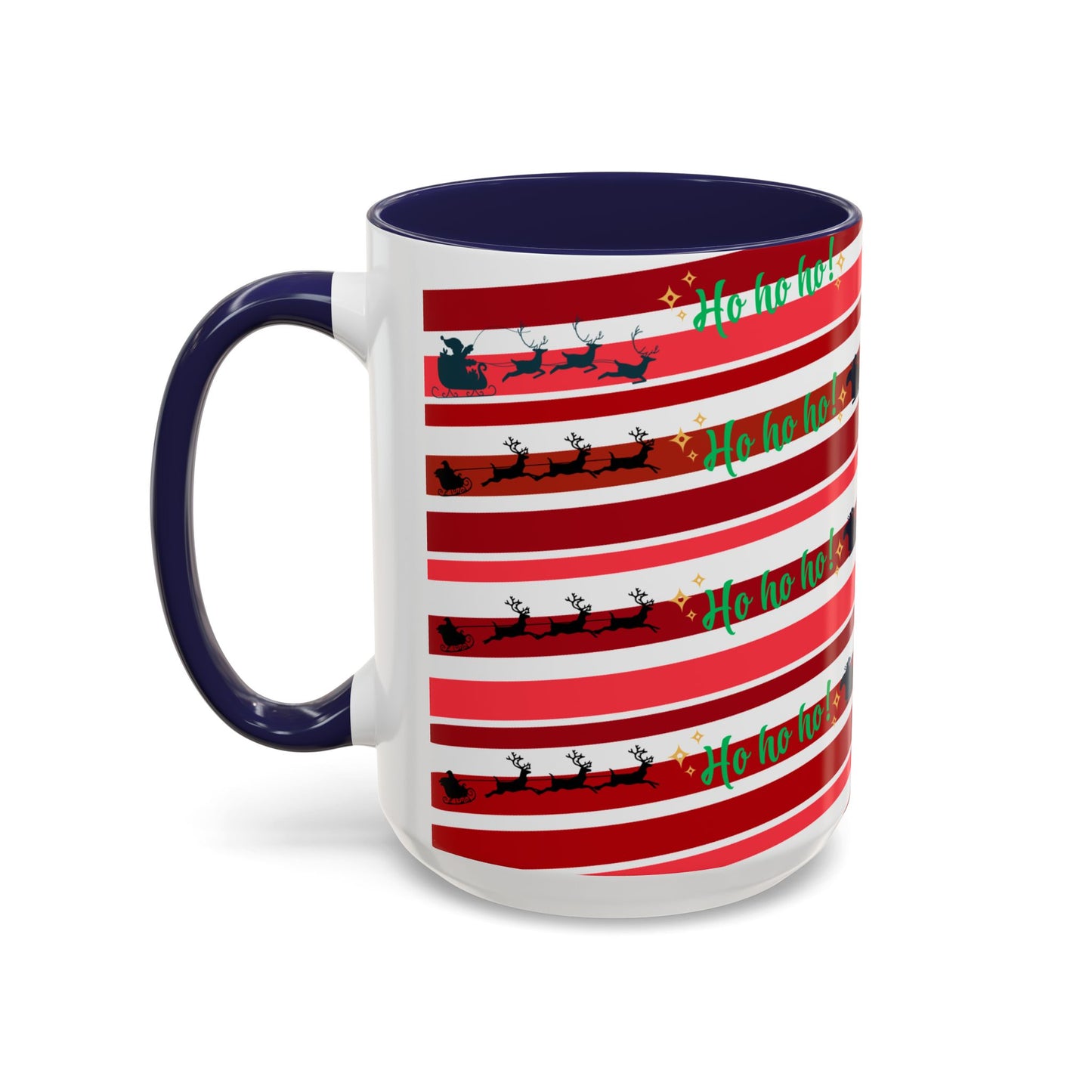 Ho Ho Ho Christmas Mug 15oz Festive Coffee Cup with Santa Sleigh and Reindeer Stripes