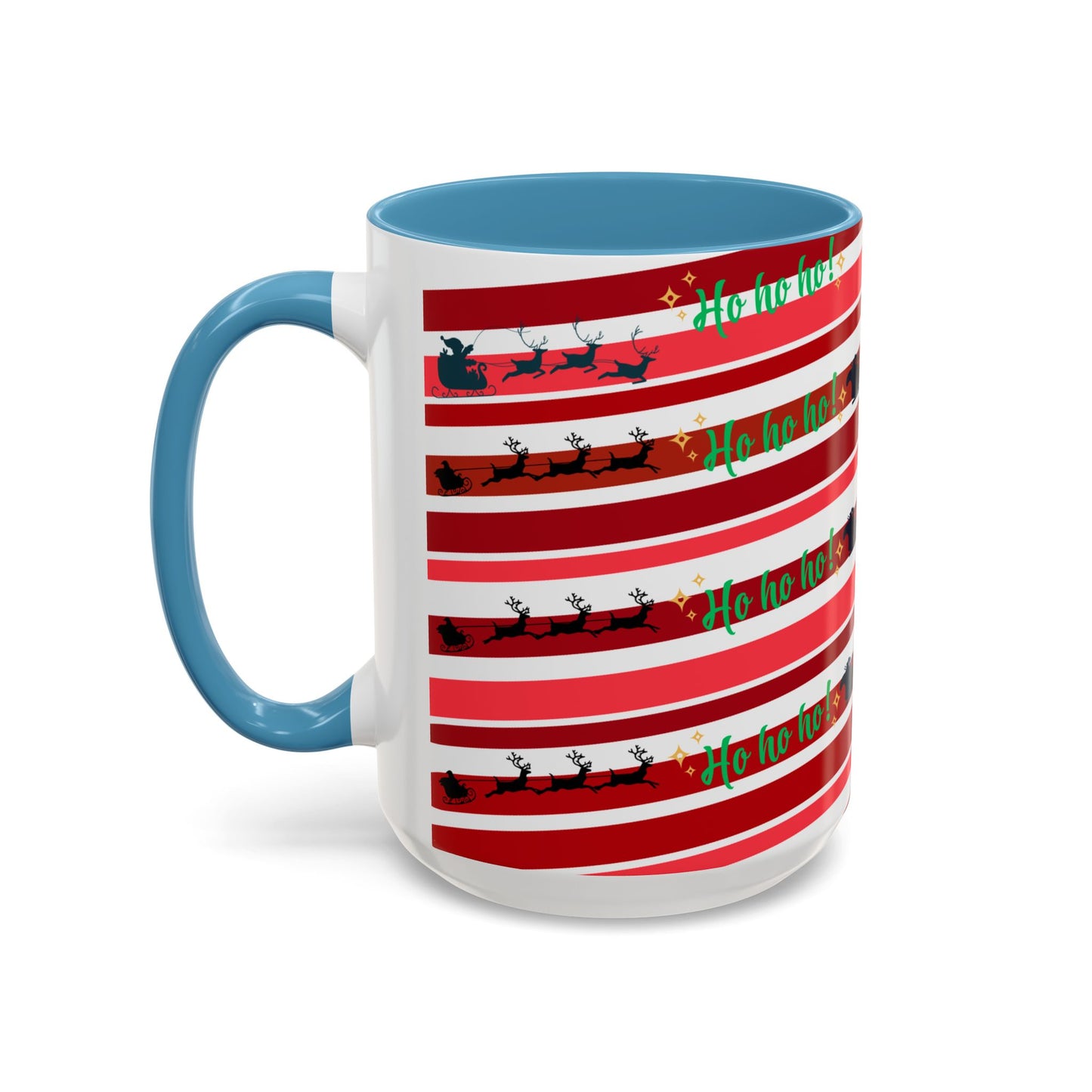 Ho Ho Ho Christmas Mug 15oz Festive Coffee Cup with Santa Sleigh and Reindeer Stripes