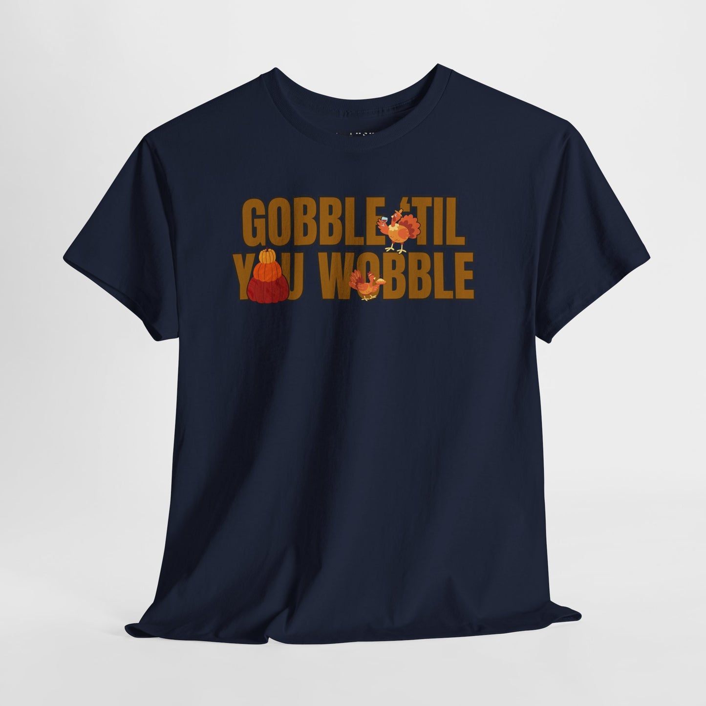 Wobble til you Gobble, Pumpkin Stack and Pilgrim Turkeys Tee — Playful Thanksgiving Cartoon