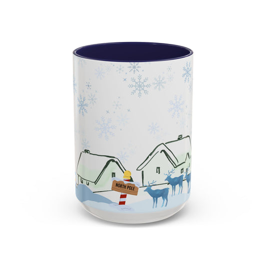 North Pole Christmas Mug 15oz Funny Holiday Coffee Cup with Snowman and Reindeer