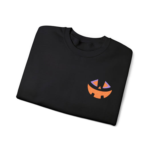 Grinner Halloween Crewneck Embroidered Pumpkin Face Sweatshirt Spooky Fall Outfit Unisex Youth Adult Gildan 18000 Autumn Costume