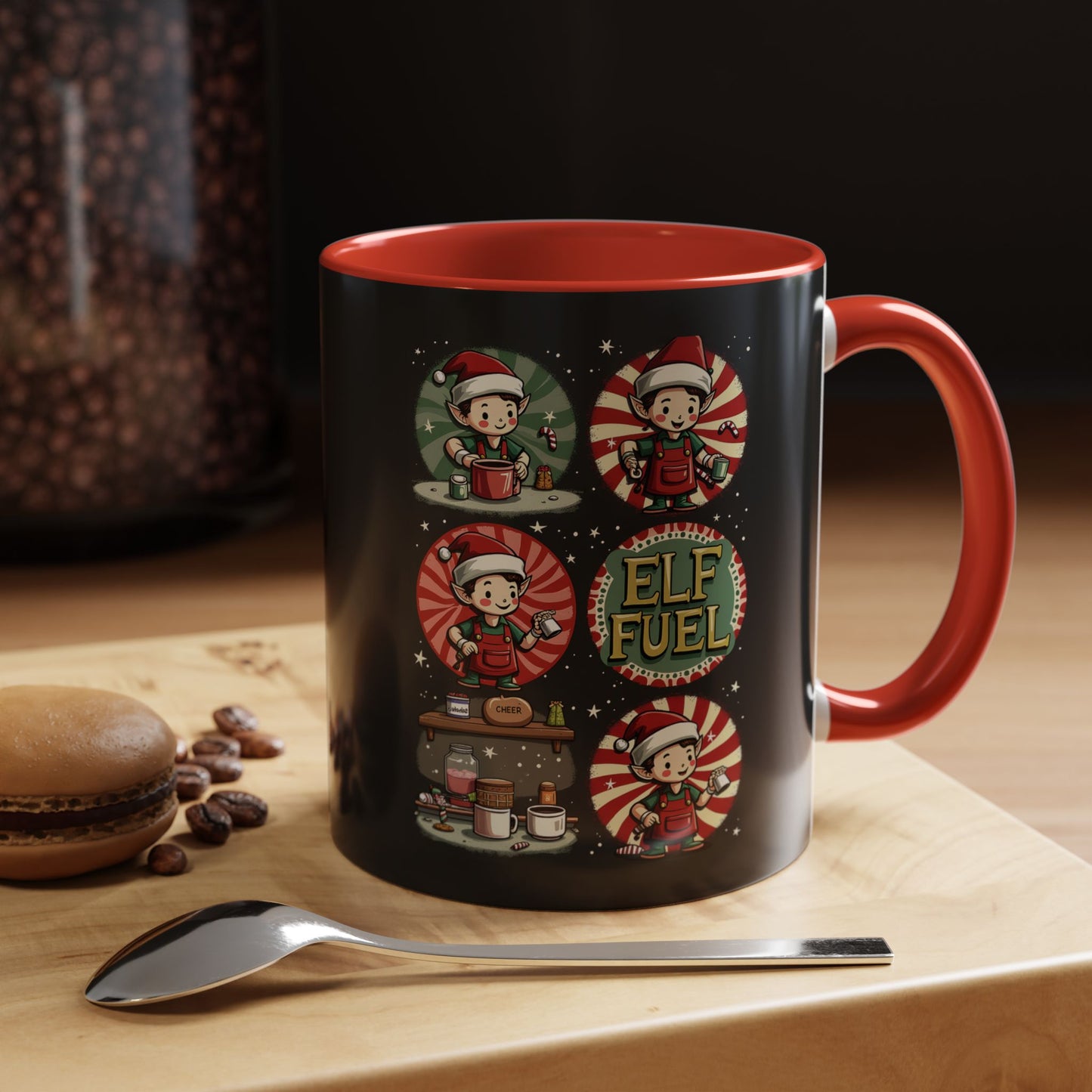 ELF FUEL Holiday Mug, Festive Coffee Cup with Whimsical Elf Art