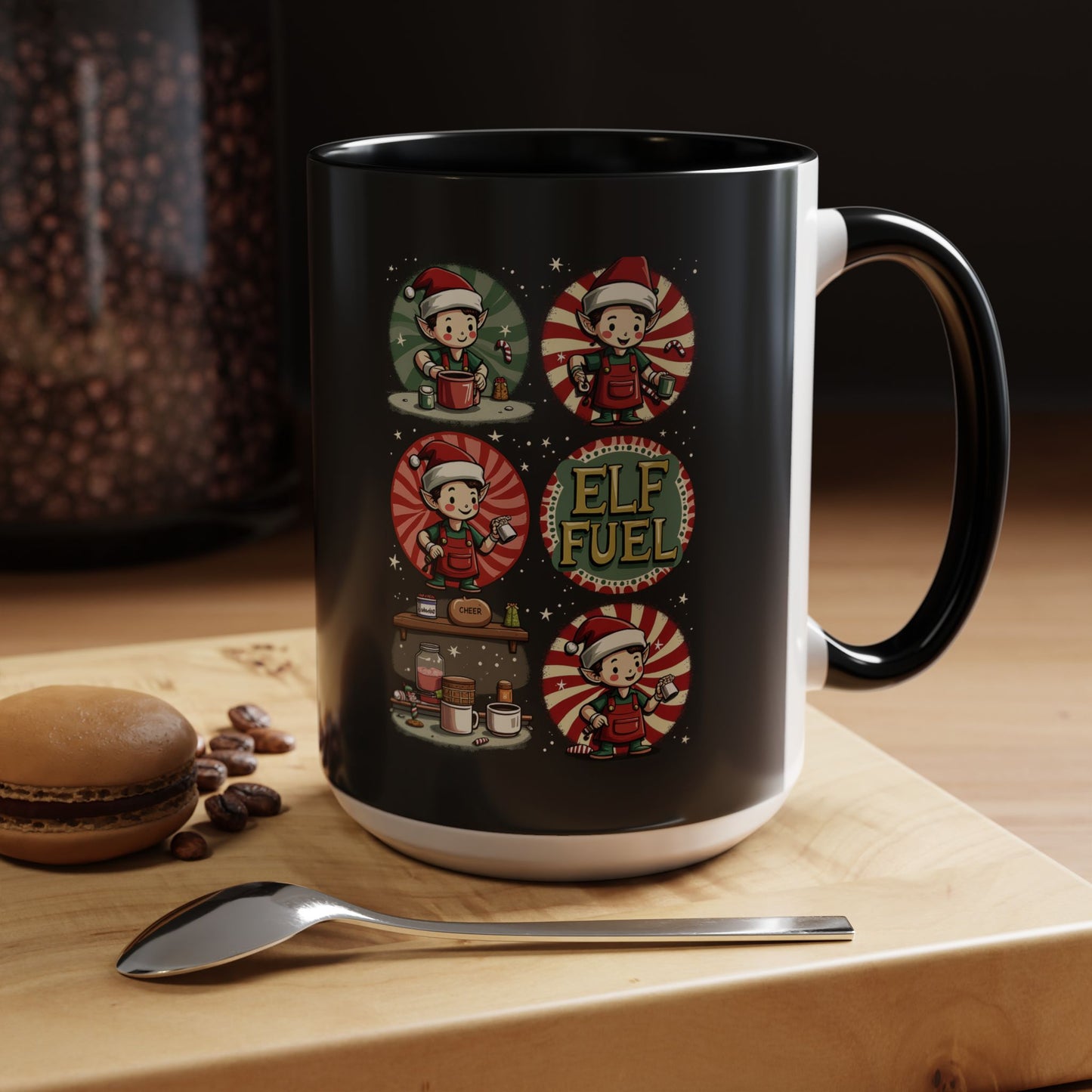 ELF FUEL Holiday Mug, Festive Coffee Cup with Whimsical Elf Art