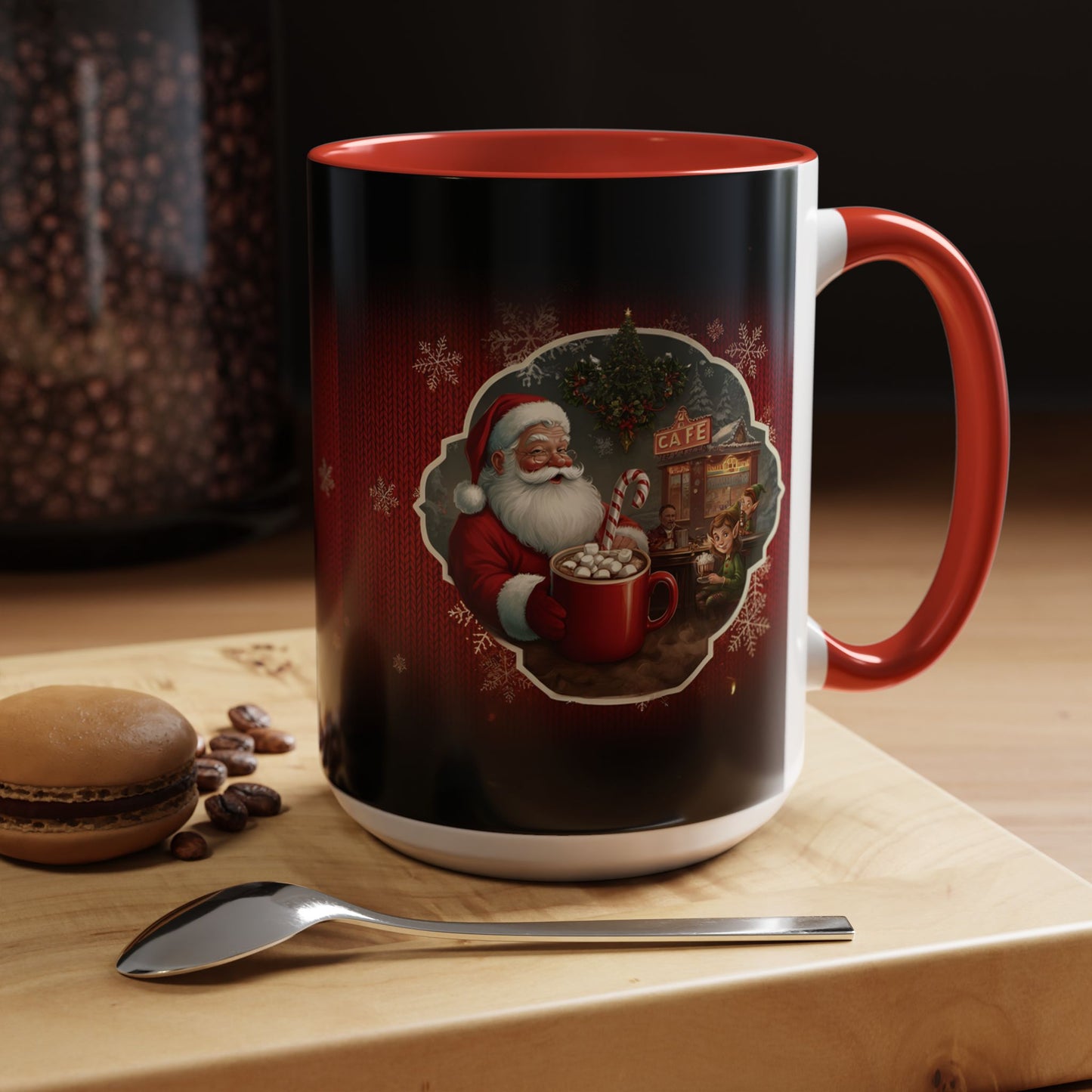 Santa’s Cocoa Café Mug, Christmas Cup with Cozy Holiday Scene