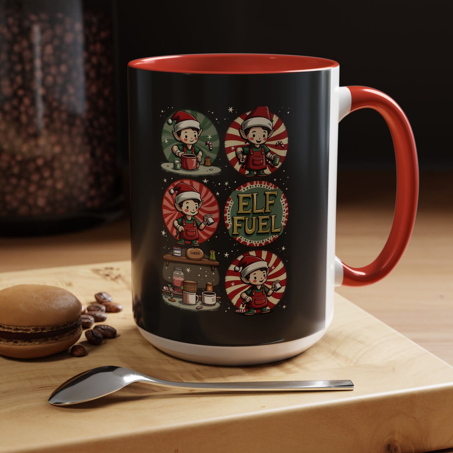 ELF FUEL Holiday Mug, Festive Coffee Cup with Whimsical Elf Art