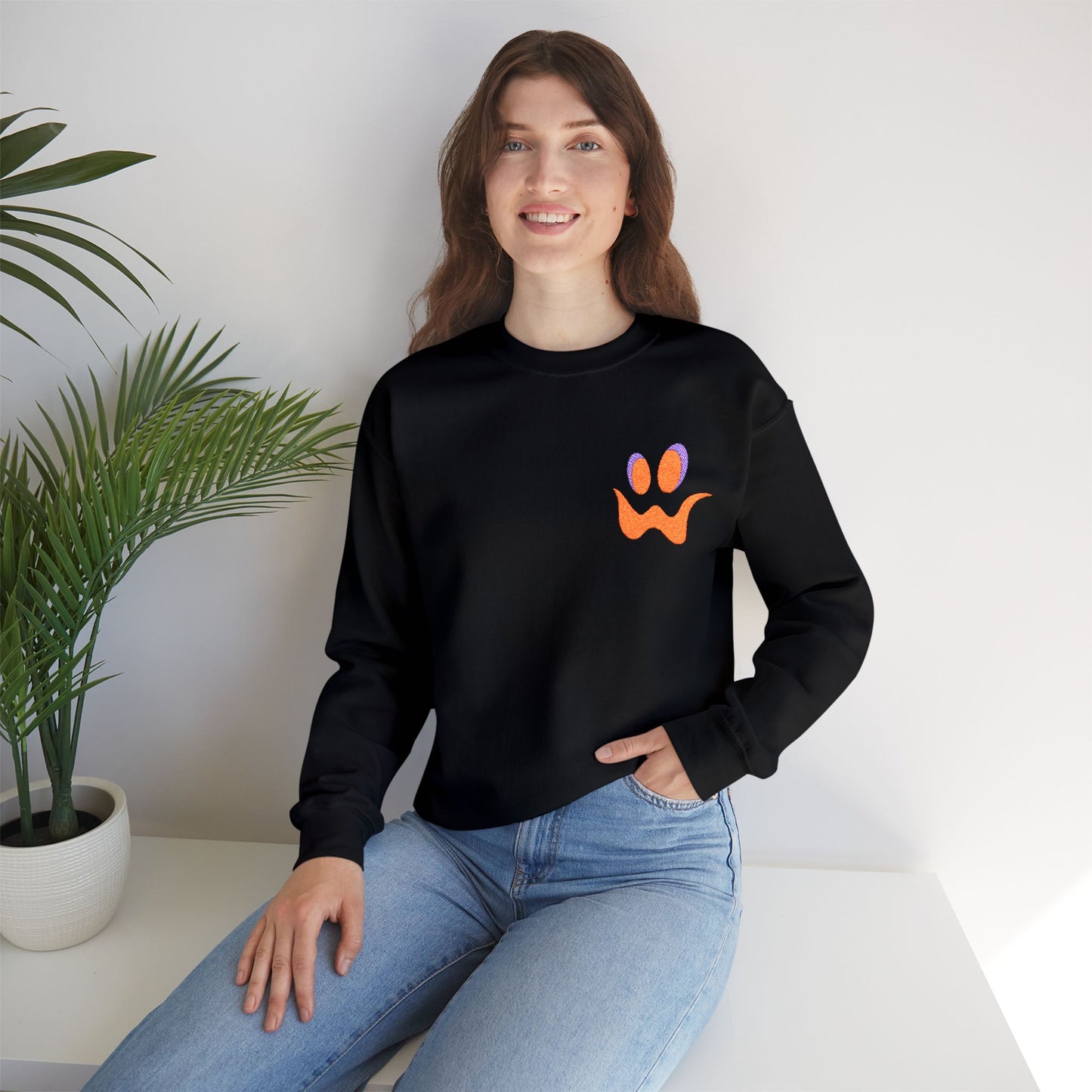 Howler Halloween Crewneck Embroidered Pumpkin Face Sweatshirt Spooky Fall Outfit Unisex Youth Adult Gildan 18000 Autumn Costume
