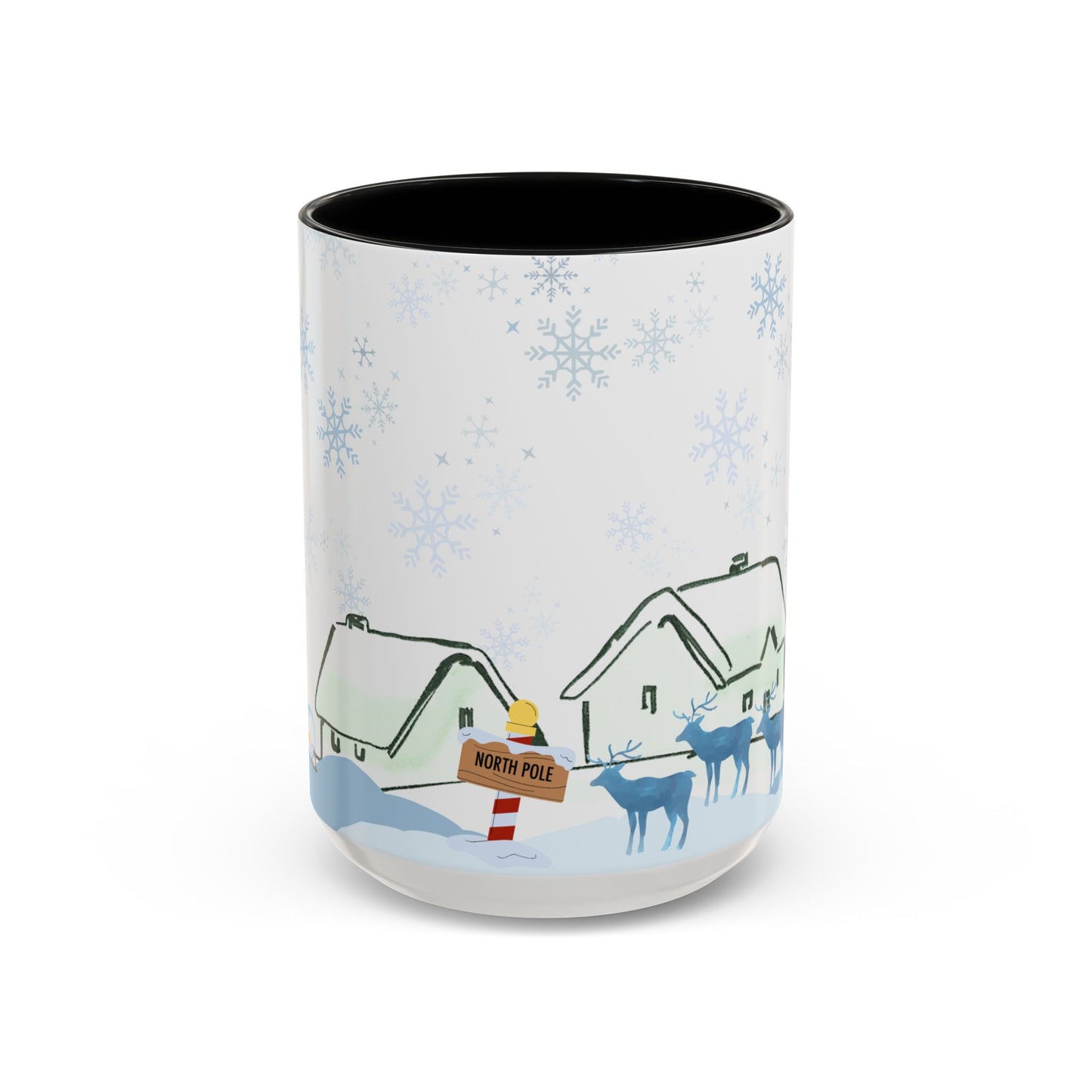 North Pole Christmas Mug 15oz Funny Holiday Coffee Cup with Snowman and Reindeer