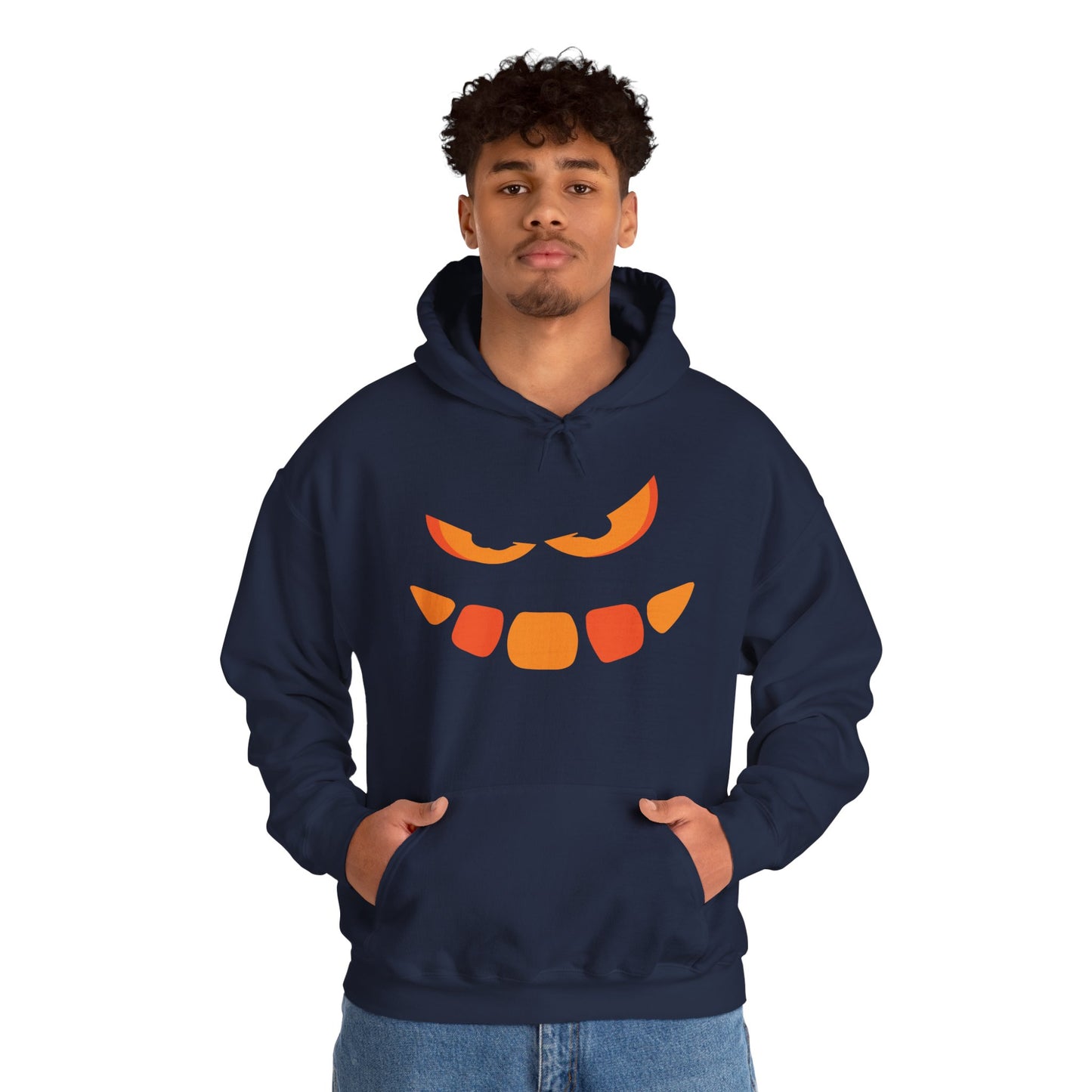 Snaggle Spooky Pumpkin Hoodie, Gildan 18500 Unisex Halloween Sweatshirt, Creepy Snaggle-Tooth Jack-O-Lantern Pullover