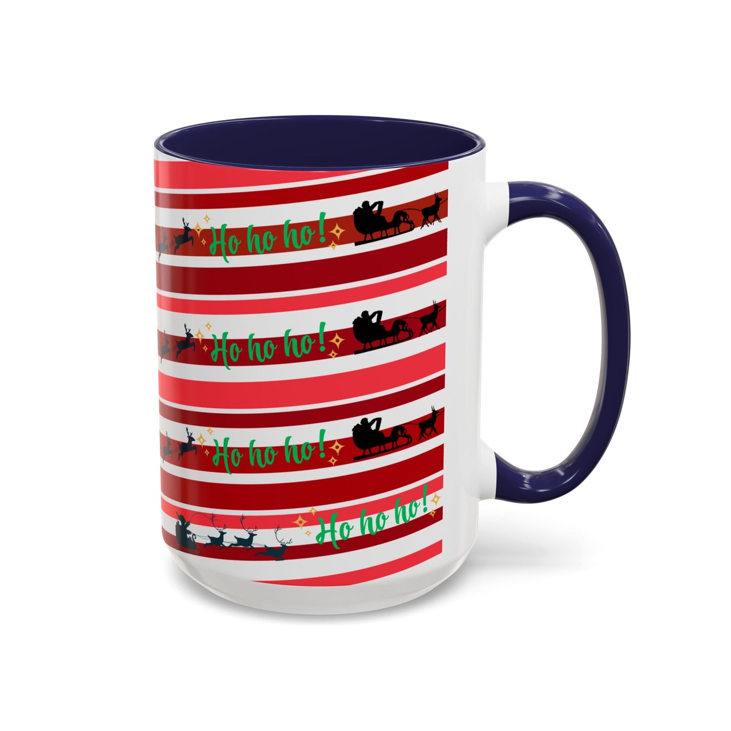 Ho Ho Ho Christmas Mug 15oz Festive Coffee Cup with Santa Sleigh and Reindeer Stripes