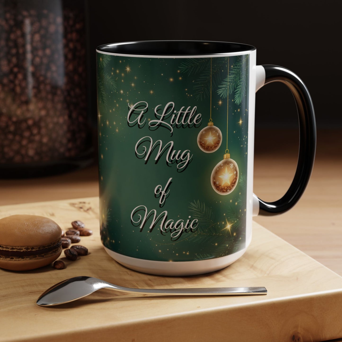 A Little Mug of Magic, Holiday Coffee Cup with Ornaments & Sparkle