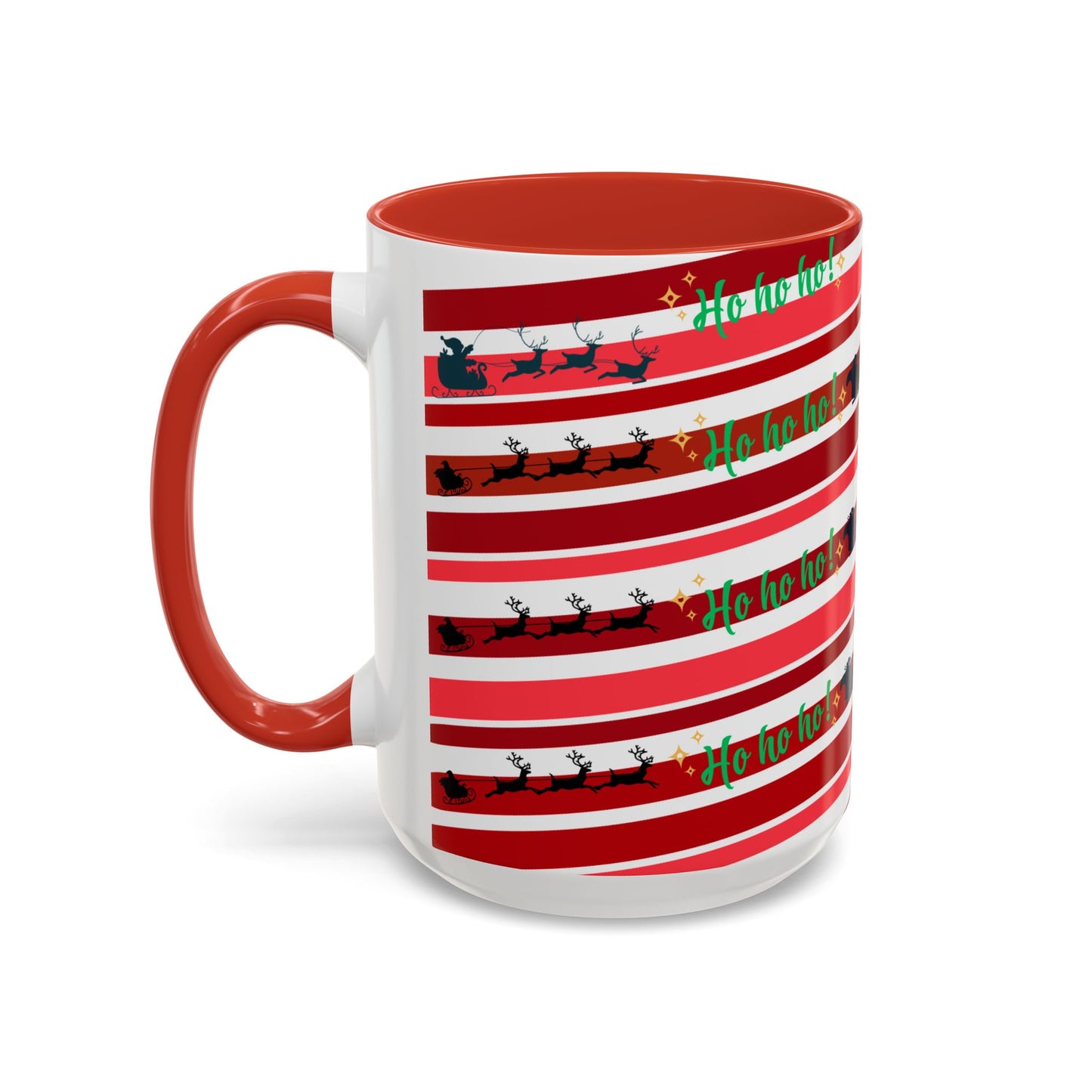 Ho Ho Ho Christmas Mug 15oz Festive Coffee Cup with Santa Sleigh and Reindeer Stripes