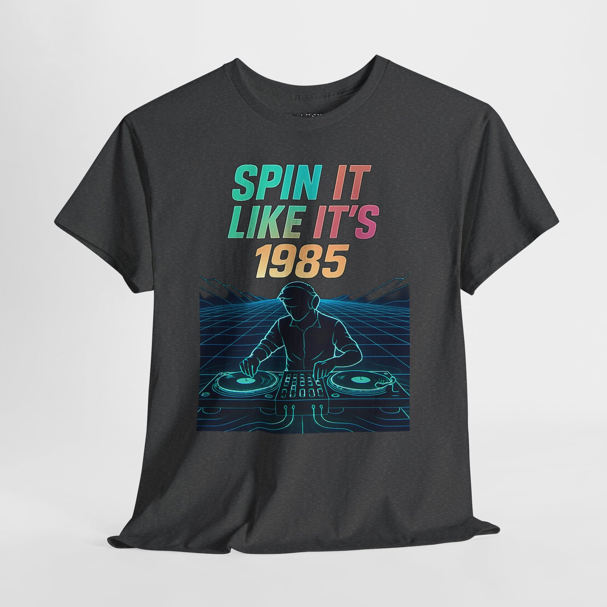 Dark gray tee with synthwave DJ design and colorful 1985 text