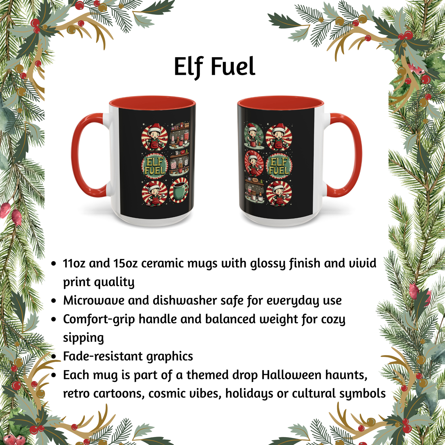 ELF FUEL Holiday Mug, Festive Coffee Cup with Whimsical Elf Art