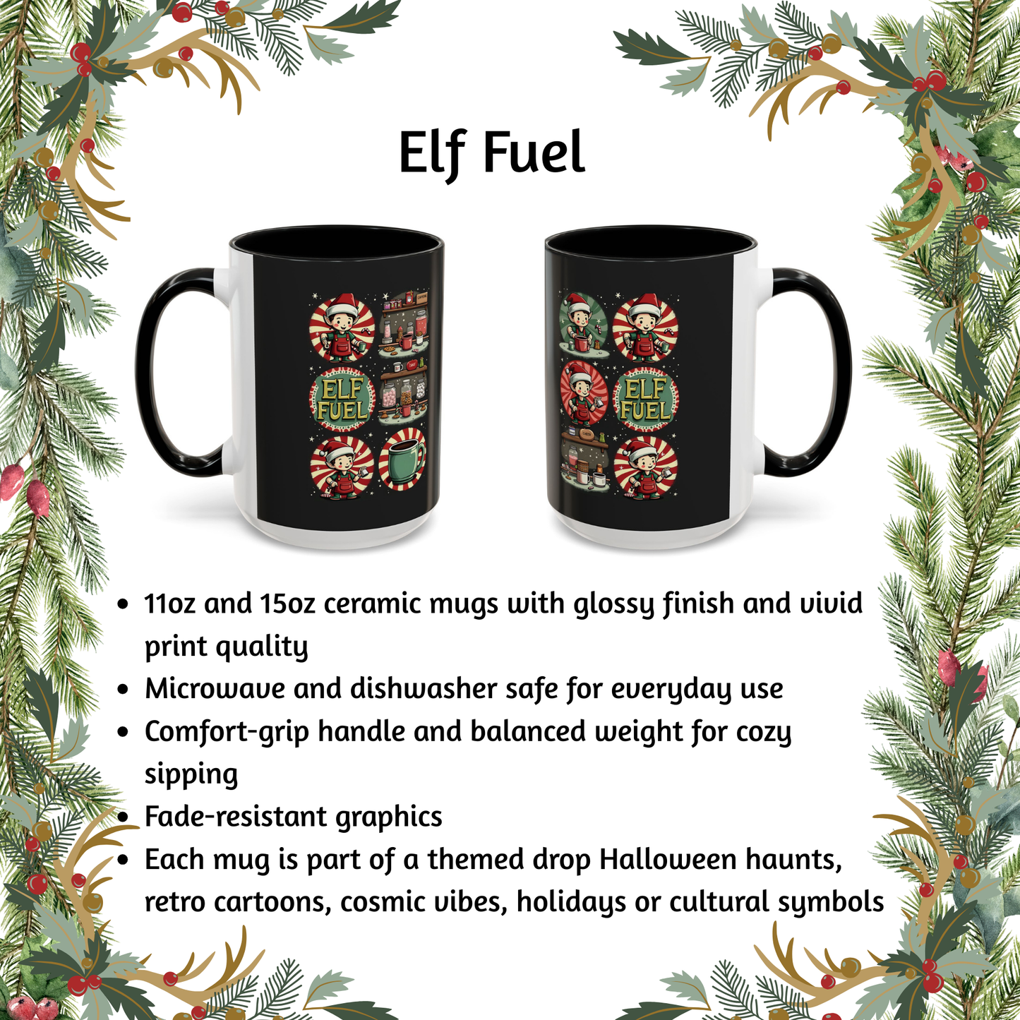 ELF FUEL Holiday Mug, Festive Coffee Cup with Whimsical Elf Art