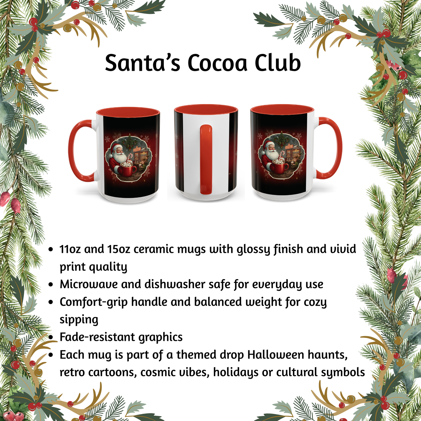 Santa’s Cocoa Café Mug, Christmas Cup with Cozy Holiday Scene