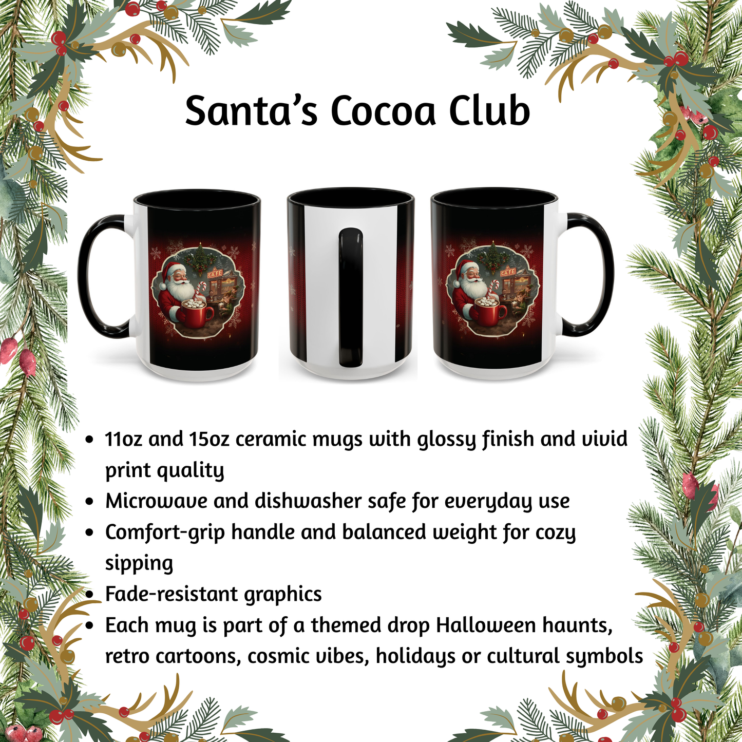 Santa’s Cocoa Café Mug, Christmas Cup with Cozy Holiday Scene