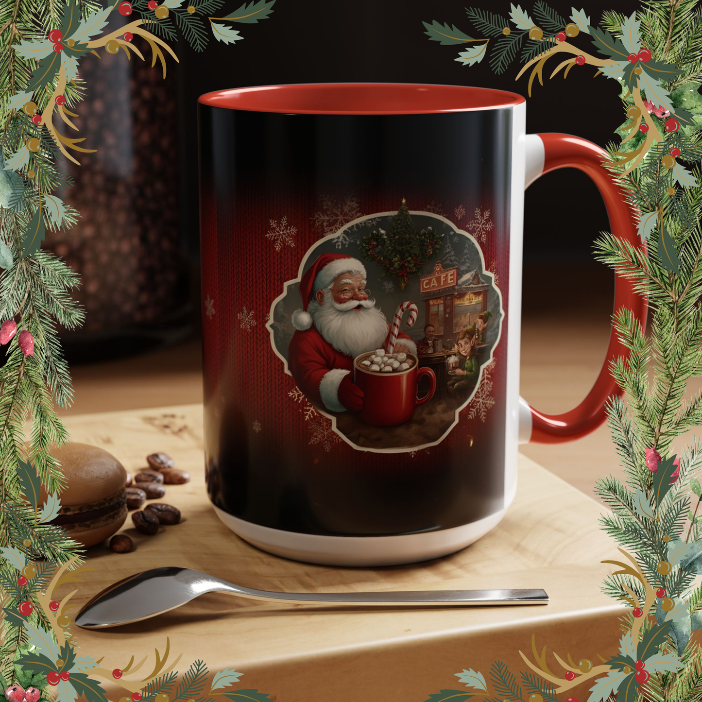 Santa’s Cocoa Café Mug, Christmas Cup with Cozy Holiday Scene