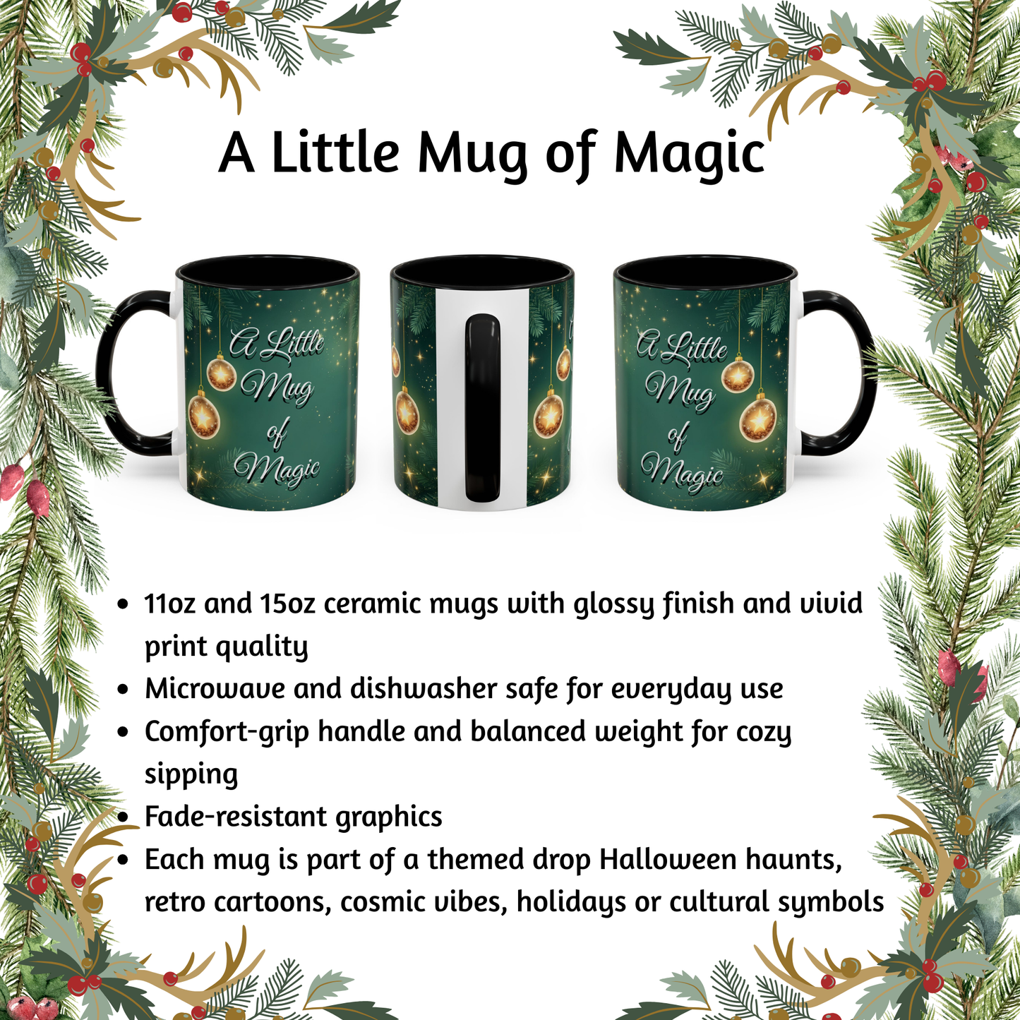 A Little Mug of Magic, Holiday Coffee Cup with Ornaments & Sparkle