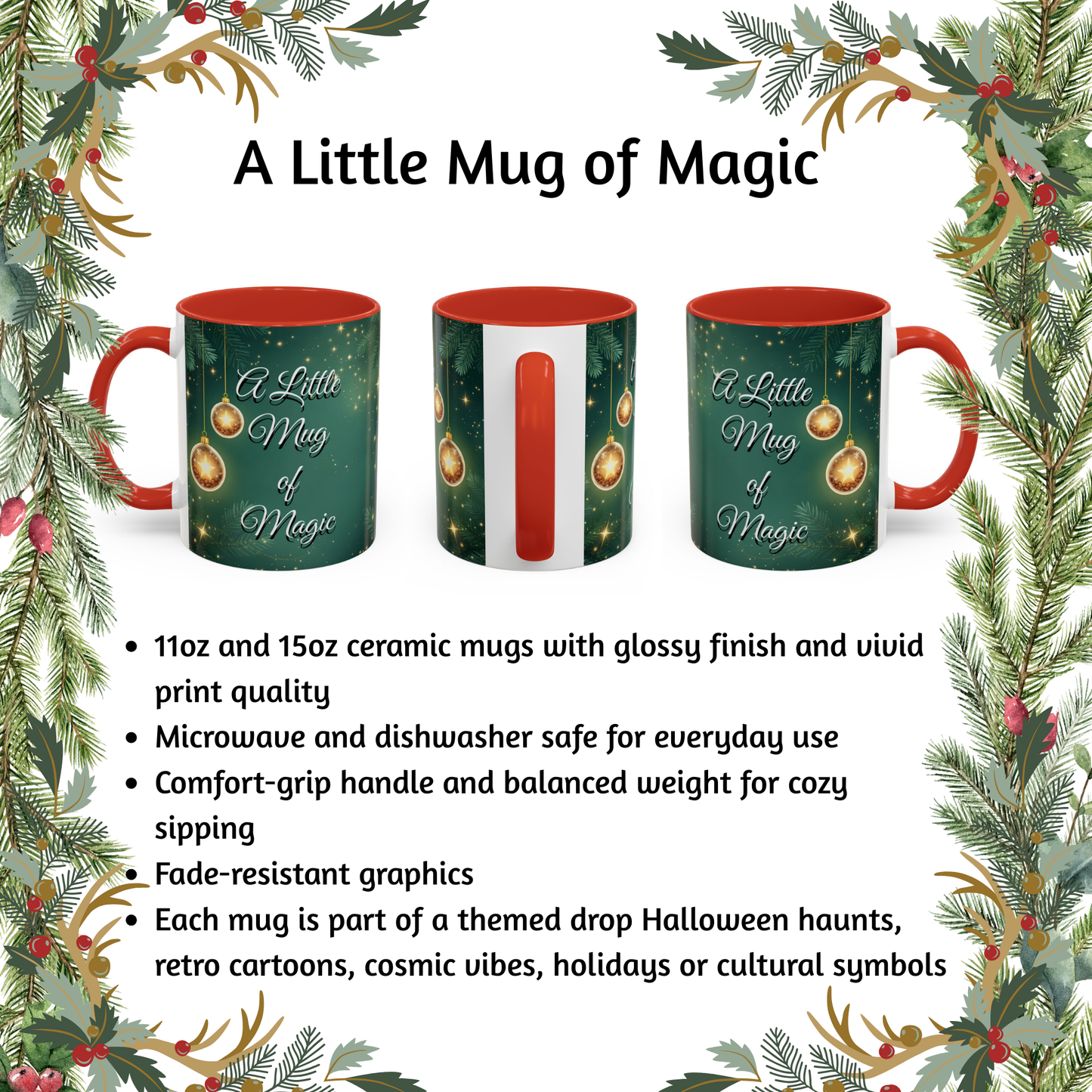 A Little Mug of Magic, Holiday Coffee Cup with Ornaments & Sparkle