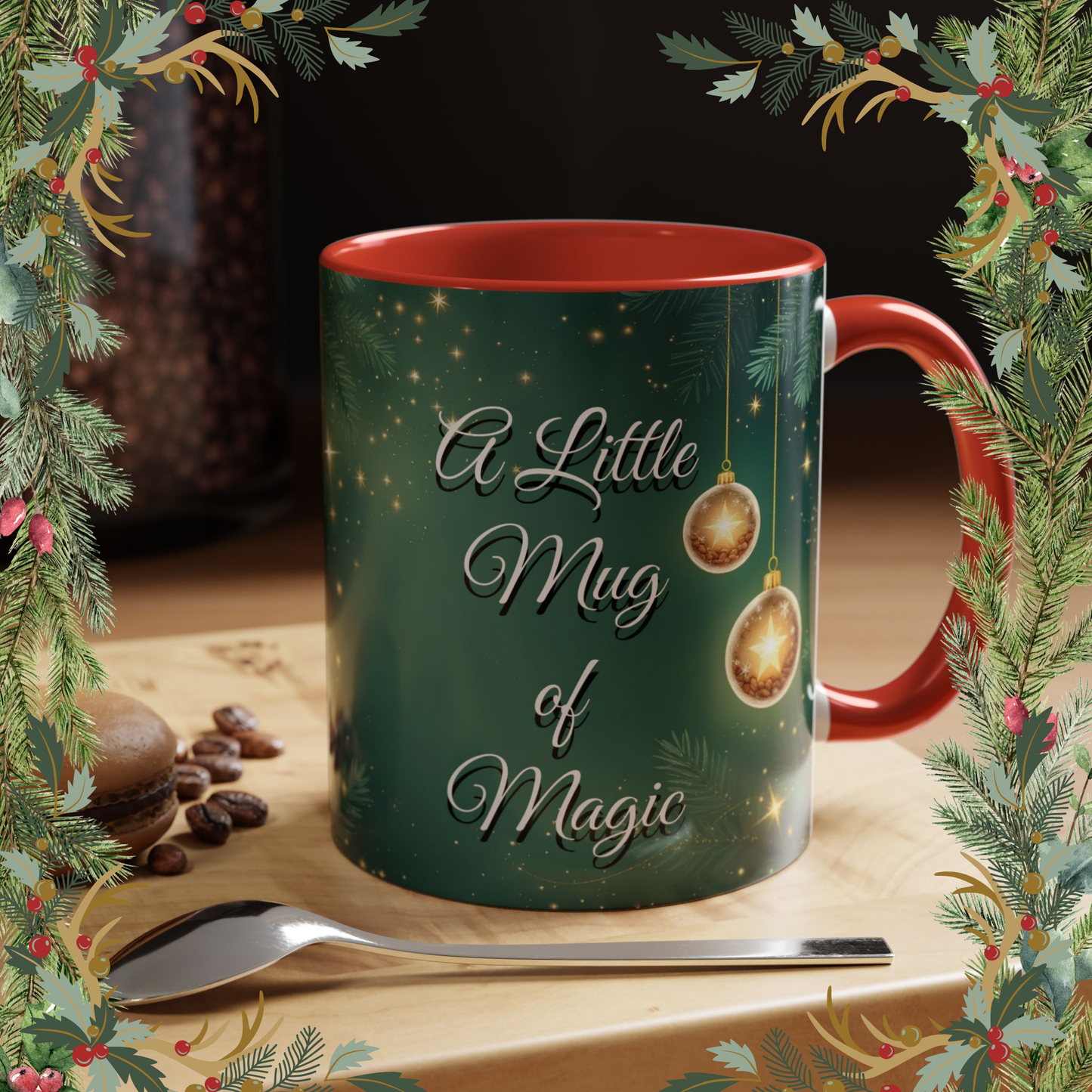 A Little Mug of Magic, Holiday Coffee Cup with Ornaments & Sparkle