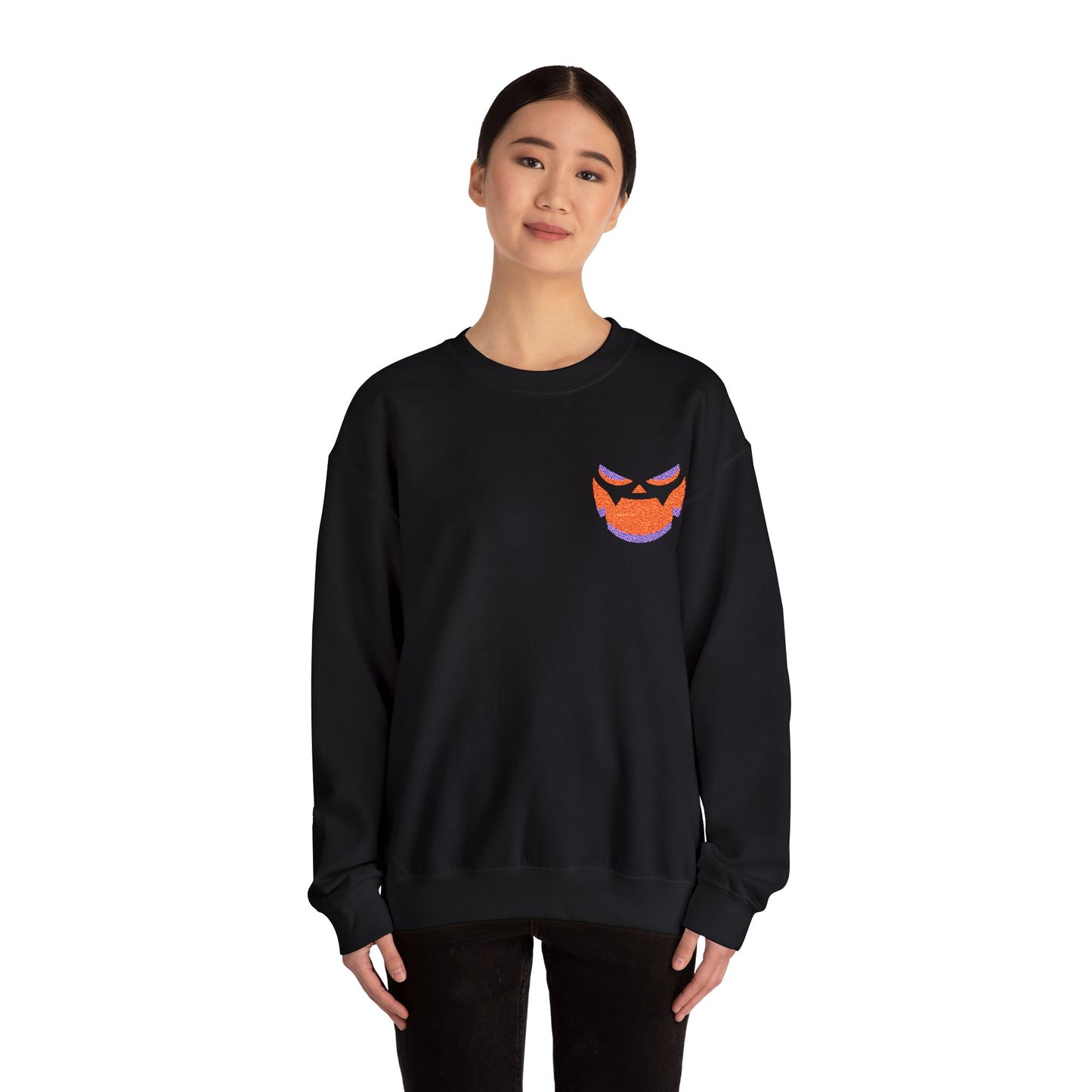 Chomp Halloween Crewneck Embroidered Pumpkin Face Sweatshirt Spooky Fall Outfit Unisex Youth Adult Gildan 18000 Autumn Costume