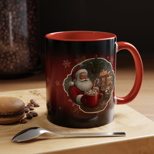 Santa’s Cocoa Café Mug, Christmas Cup with Cozy Holiday Scene