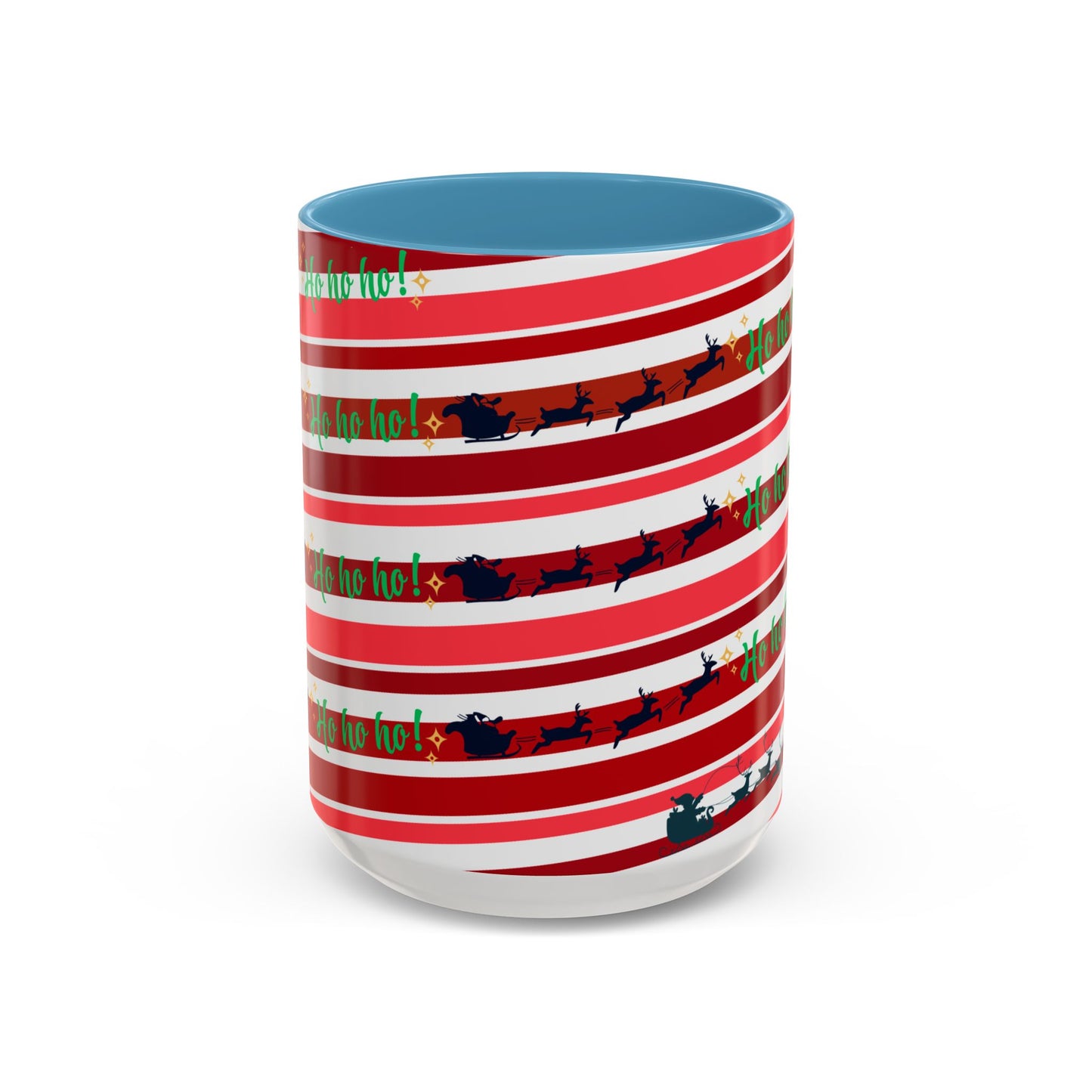 Ho Ho Ho Christmas Mug 15oz Festive Coffee Cup with Santa Sleigh and Reindeer Stripes