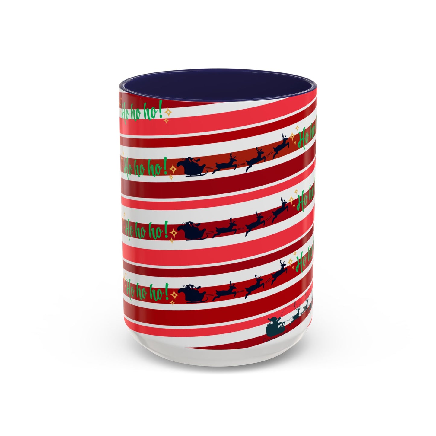Ho Ho Ho Christmas Mug 15oz Festive Coffee Cup with Santa Sleigh and Reindeer Stripes