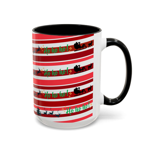 Ho Ho Ho Christmas Mug 15oz Festive Coffee Cup with Santa Sleigh and Reindeer Stripes