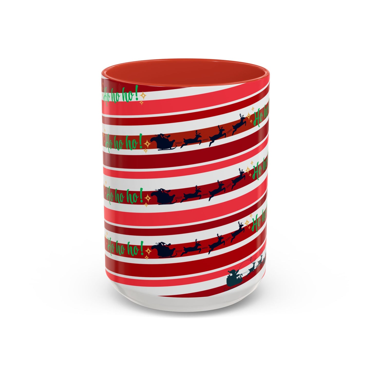 Ho Ho Ho Christmas Mug 15oz Festive Coffee Cup with Santa Sleigh and Reindeer Stripes