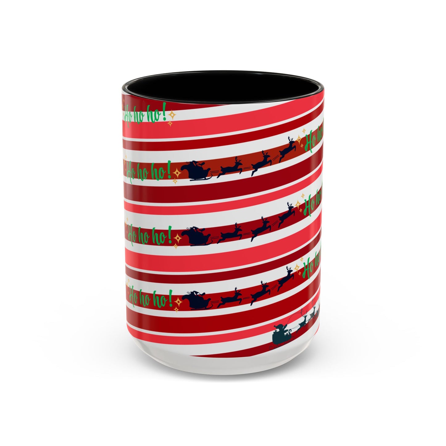 Ho Ho Ho Christmas Mug 15oz Festive Coffee Cup with Santa Sleigh and Reindeer Stripes