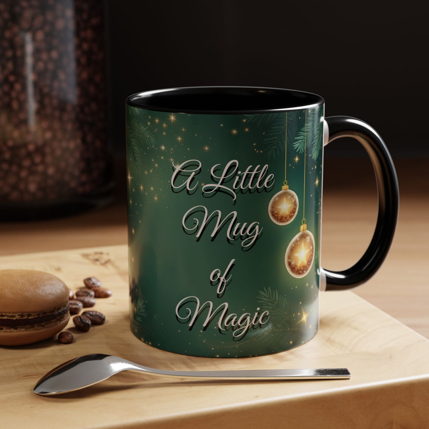 A Little Mug of Magic, Holiday Coffee Cup with Ornaments & Sparkle