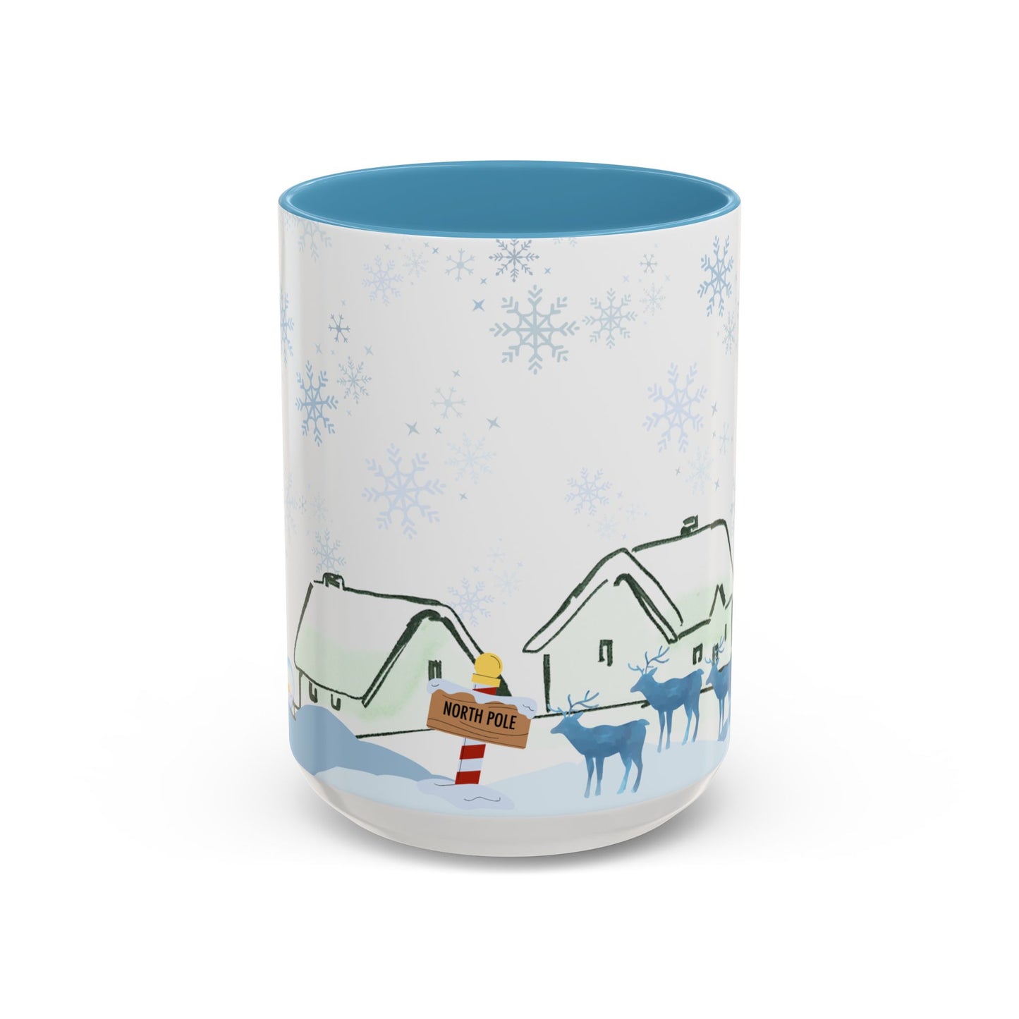 North Pole Christmas Mug 15oz Funny Holiday Coffee Cup with Snowman and Reindeer