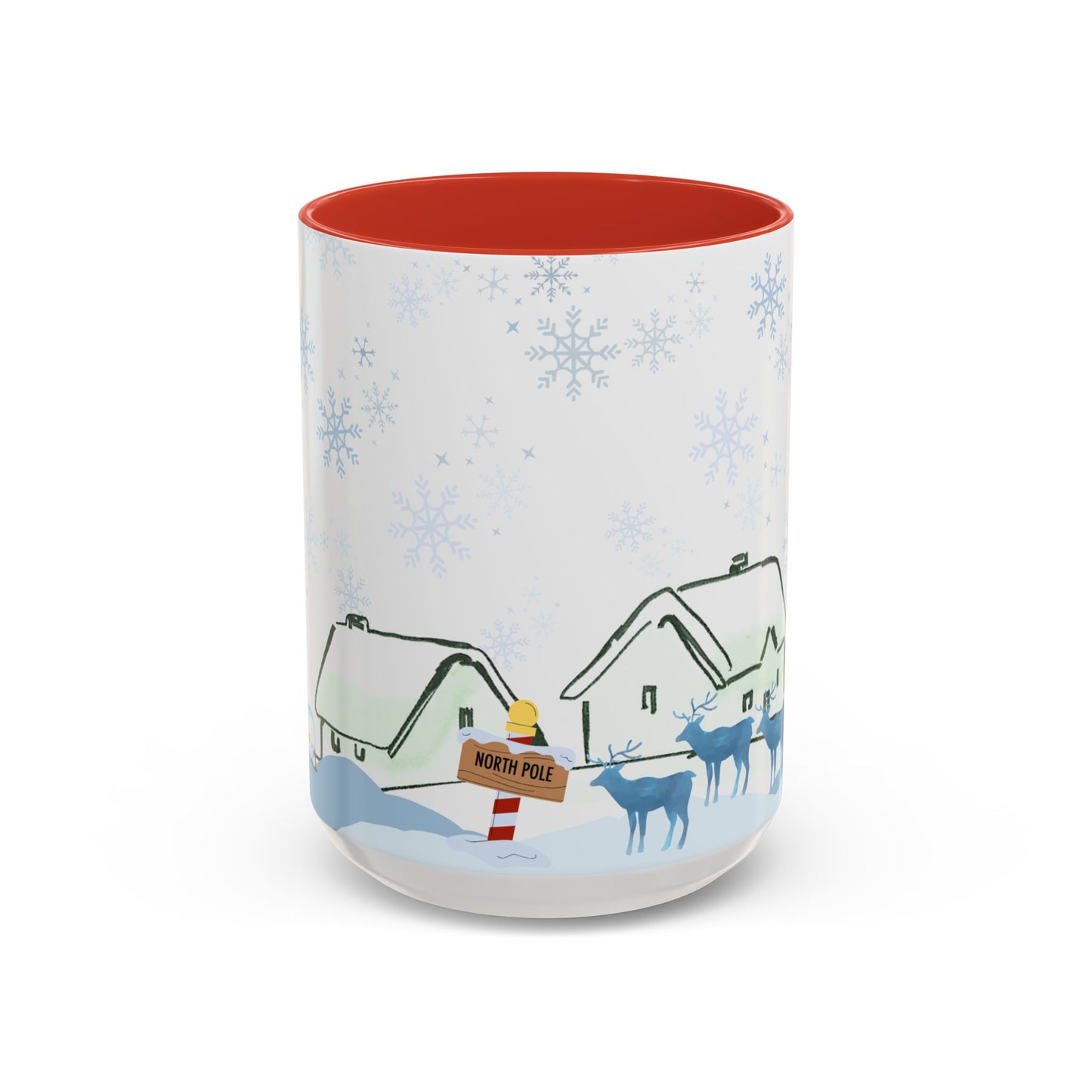 North Pole Christmas Mug 15oz Funny Holiday Coffee Cup with Snowman and Reindeer