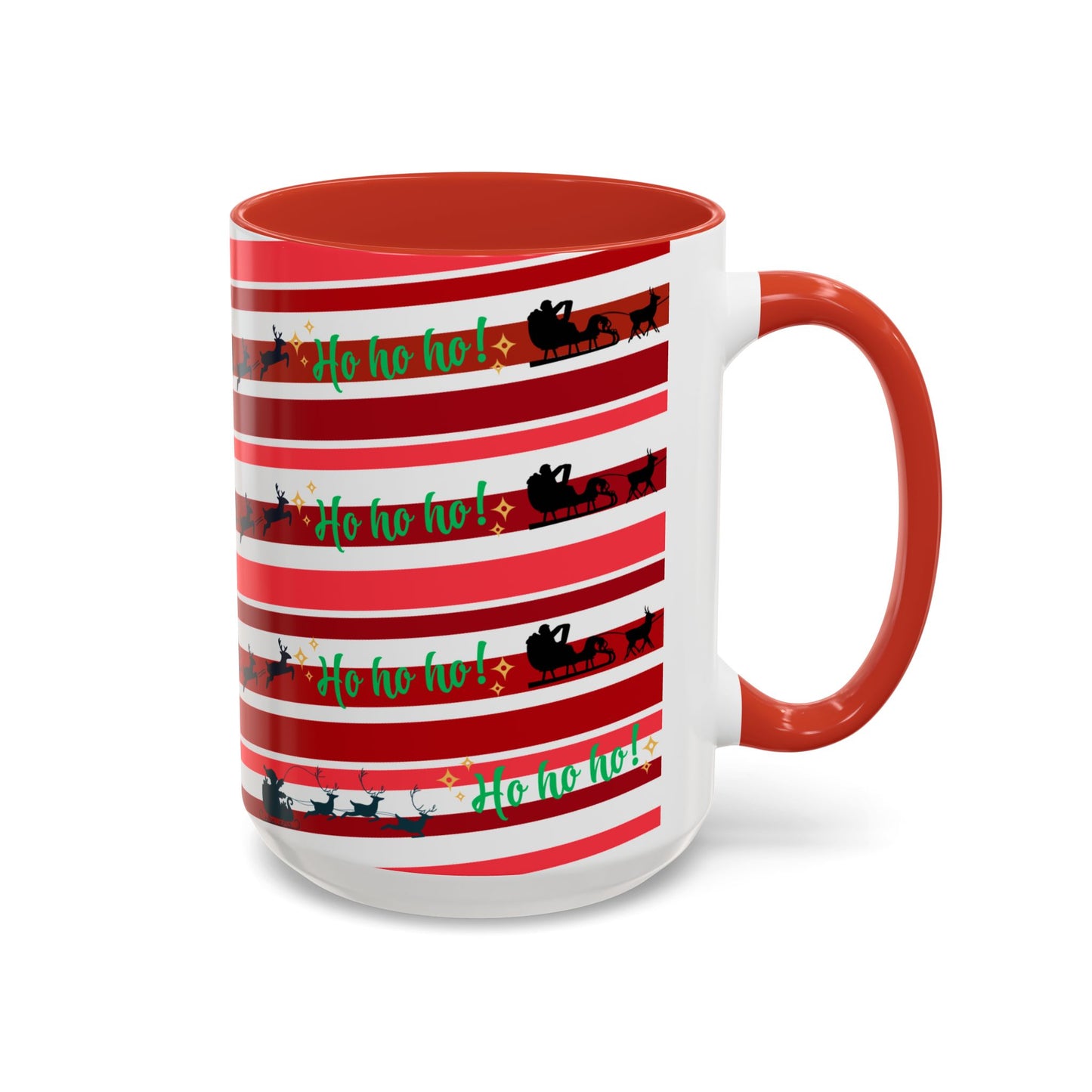 Ho Ho Ho Christmas Mug 15oz Festive Coffee Cup with Santa Sleigh and Reindeer Stripes