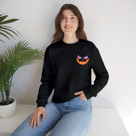 Flicker Halloween Crewneck Embroidered Pumpkin Face Sweatshirt Spooky Fall Outfit Unisex Youth Adult Gildan 18000 Autumn Costume