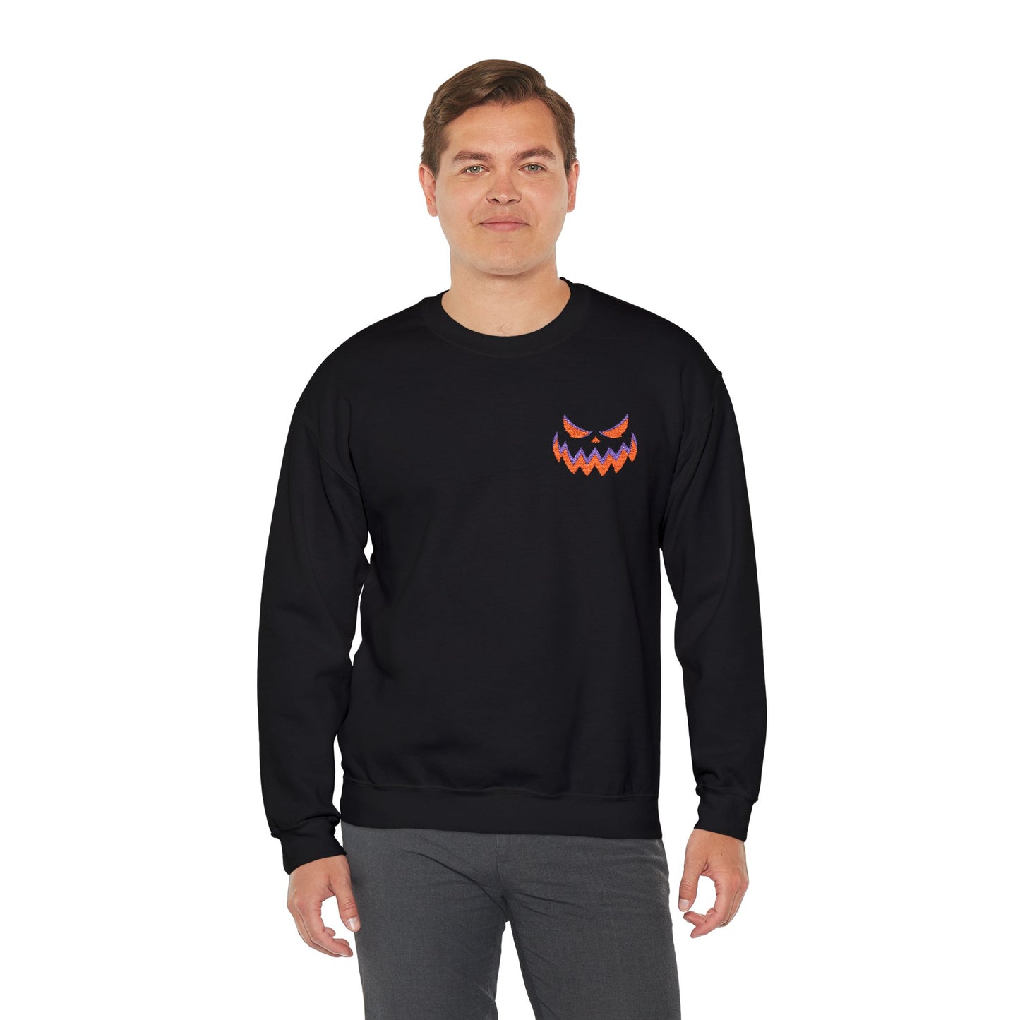 Carver Halloween Crewneck Embroidered Pumpkin Face Sweatshirt Spooky Fall Outfit Unisex Youth Adult Gildan 18000 Autumn Costume