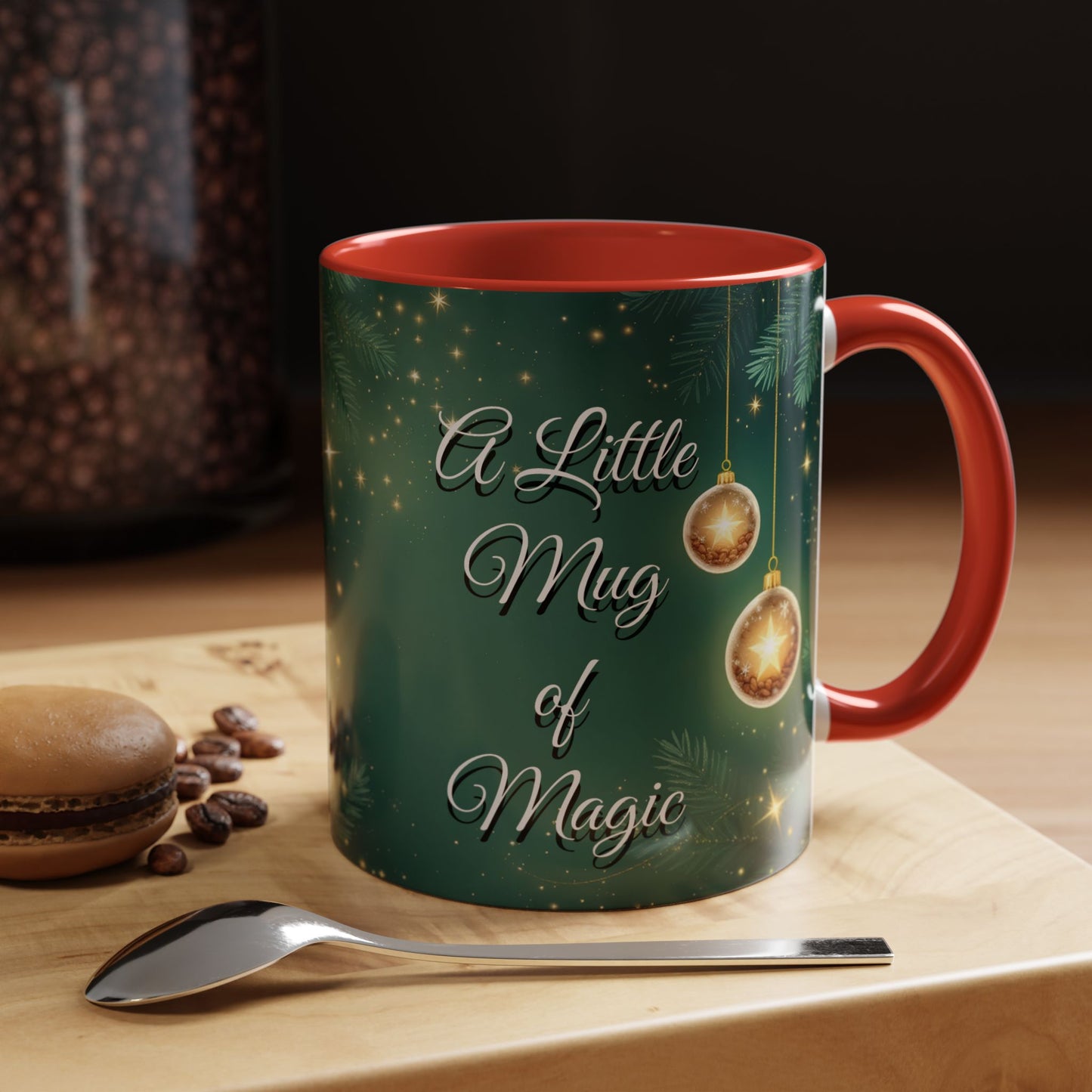 A Little Mug of Magic, Holiday Coffee Cup with Ornaments & Sparkle
