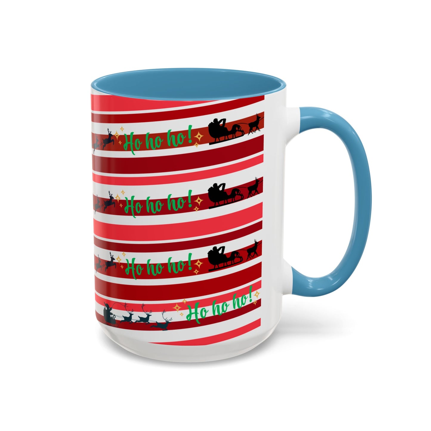 Ho Ho Ho Christmas Mug 15oz Festive Coffee Cup with Santa Sleigh and Reindeer Stripes
