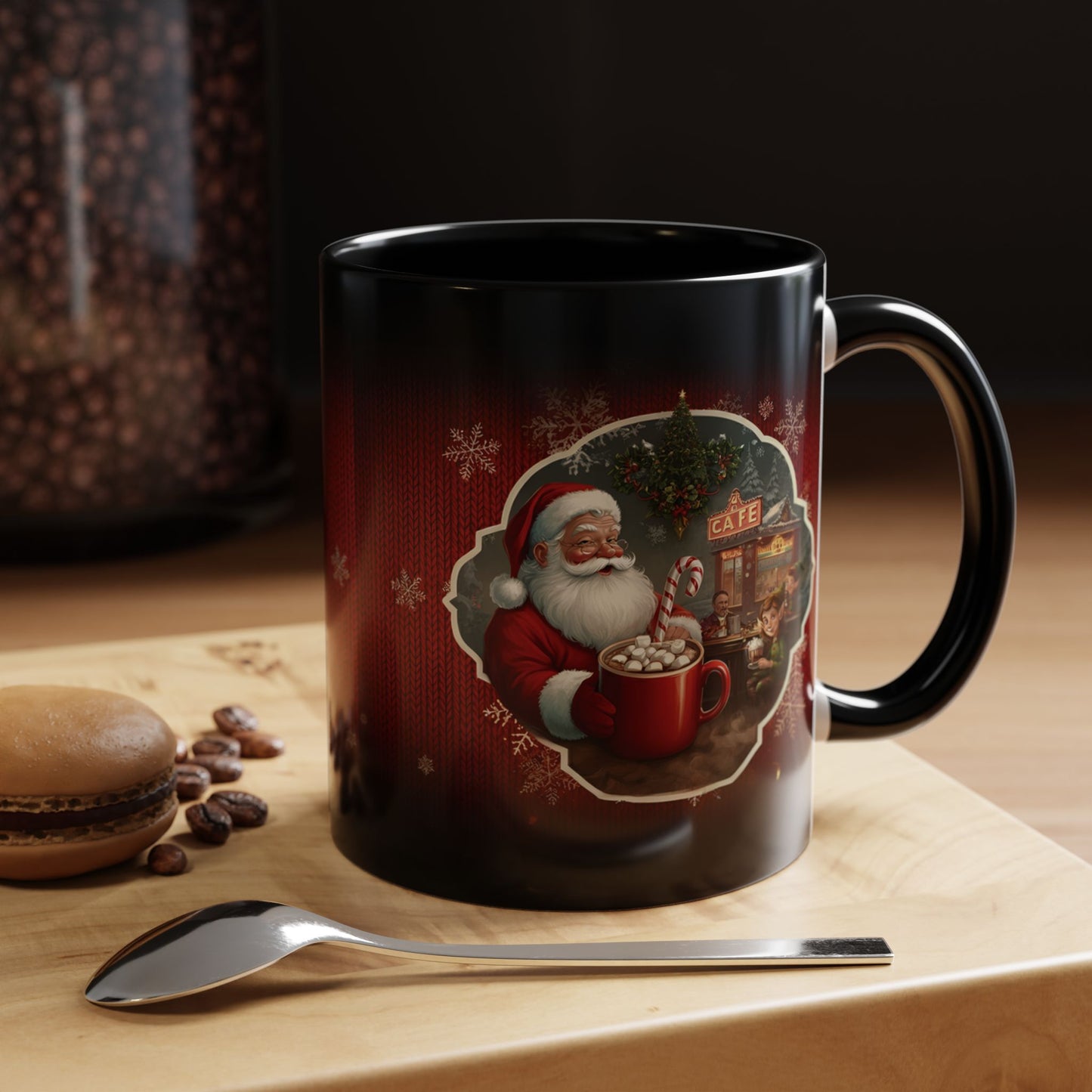 Santa’s Cocoa Café Mug, Christmas Cup with Cozy Holiday Scene