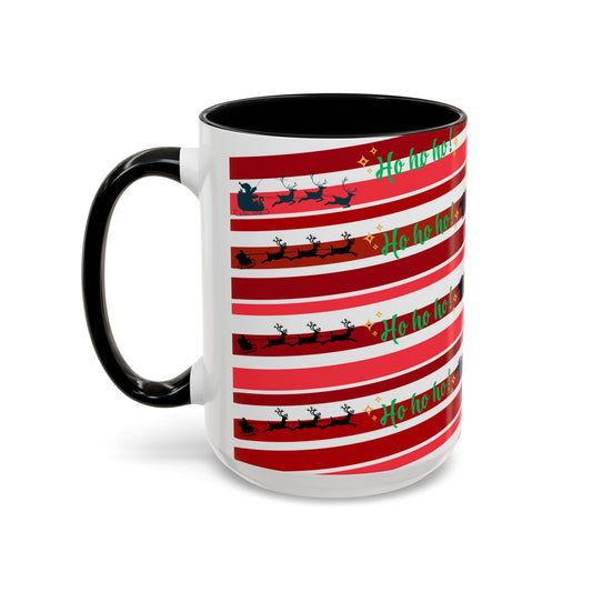 Ho Ho Ho Christmas Mug 15oz Festive Coffee Cup with Santa Sleigh and Reindeer Stripes
