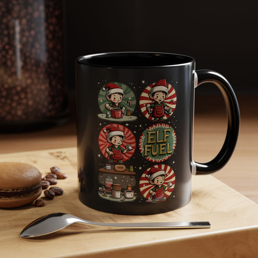 ELF FUEL Holiday Mug, Festive Coffee Cup with Whimsical Elf Art