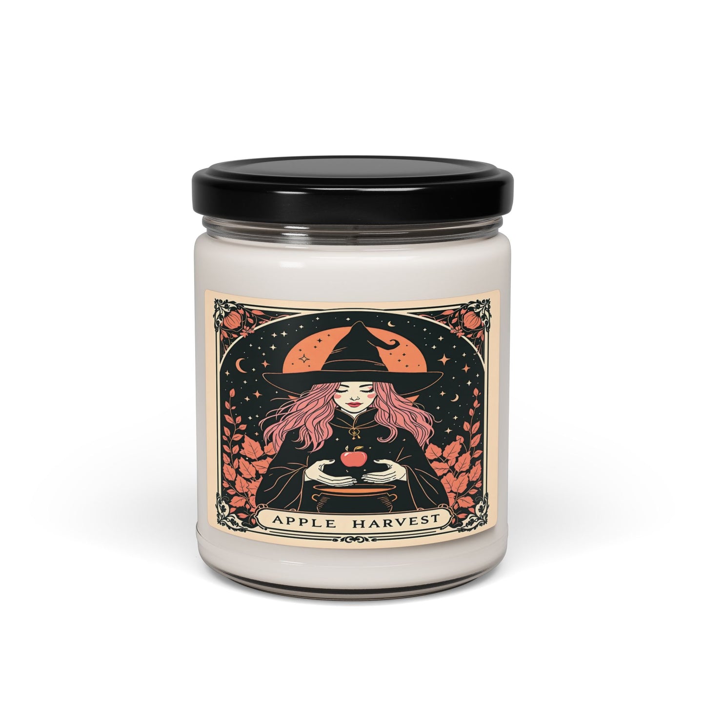Candle jar with a witch design and 'Apple Harvest' label on a white background