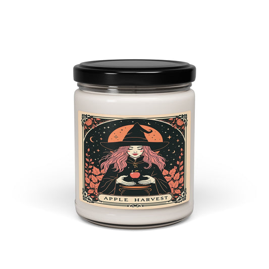 Candle jar with a witch design and 'Apple Harvest' label on a white background