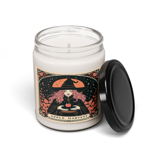 Candle jar with a witch-themed label on a white background