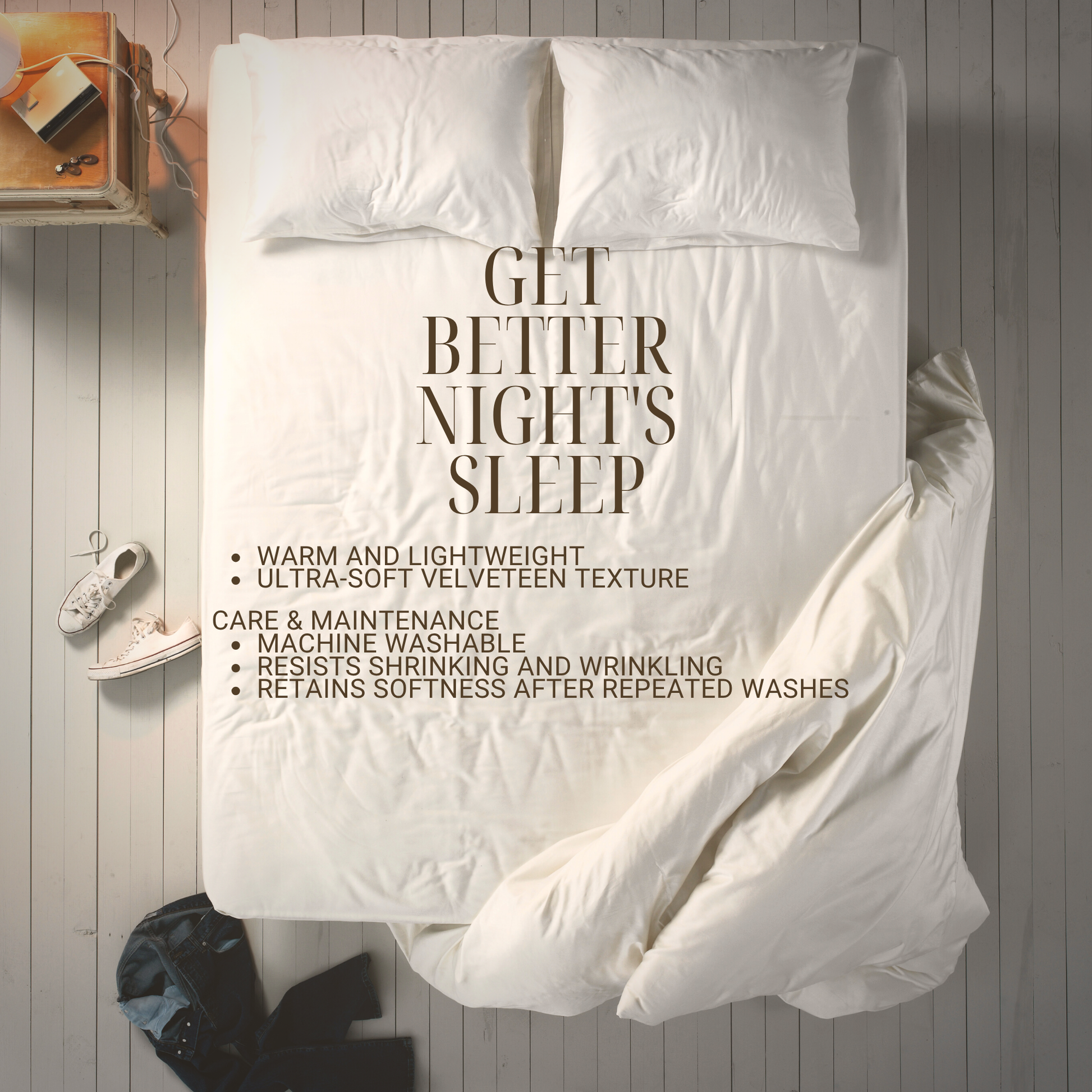 White comforter with text on a bed in a bedroom setting