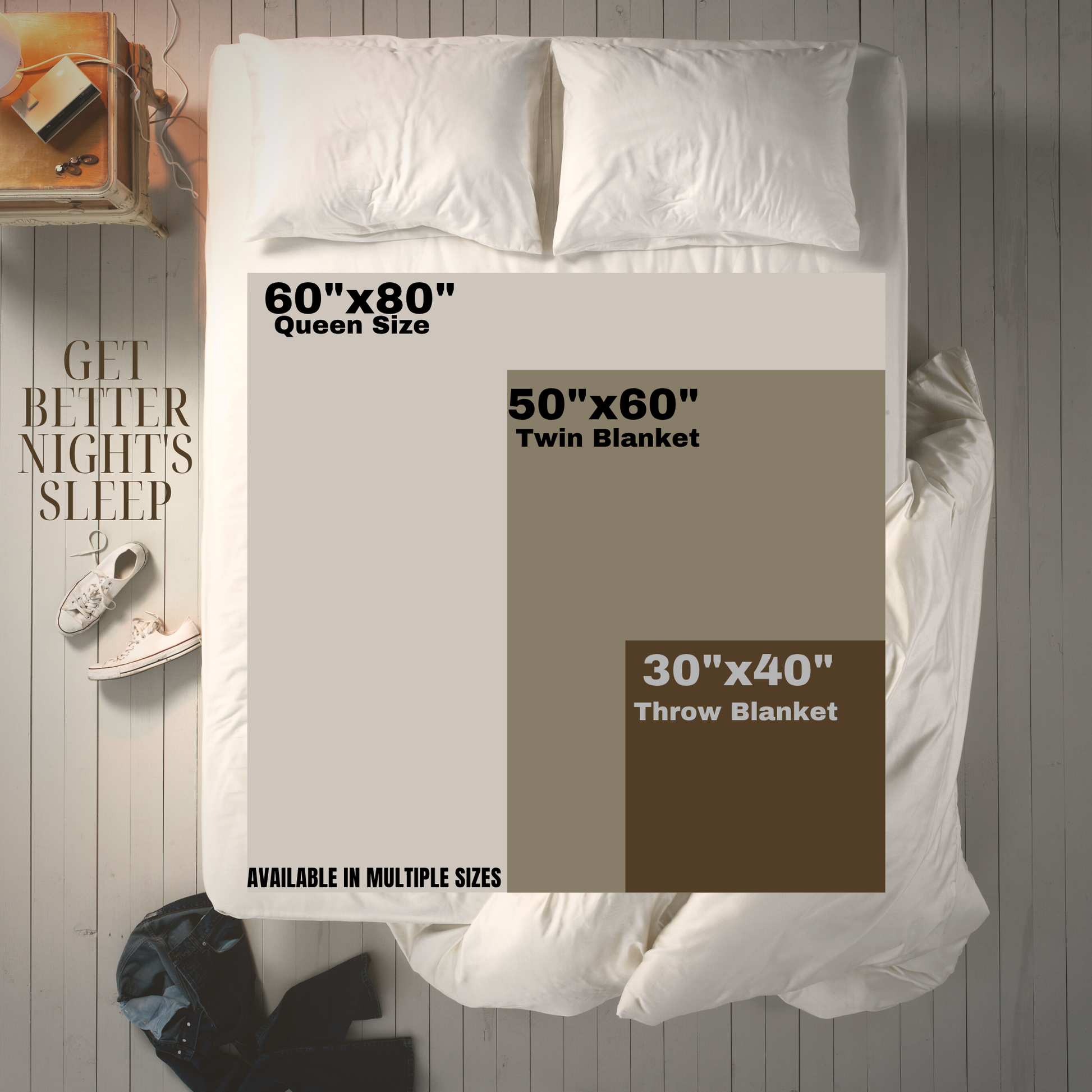 Bed with size labels for Queen, Twin, and Throw blankets on a wooden floor.