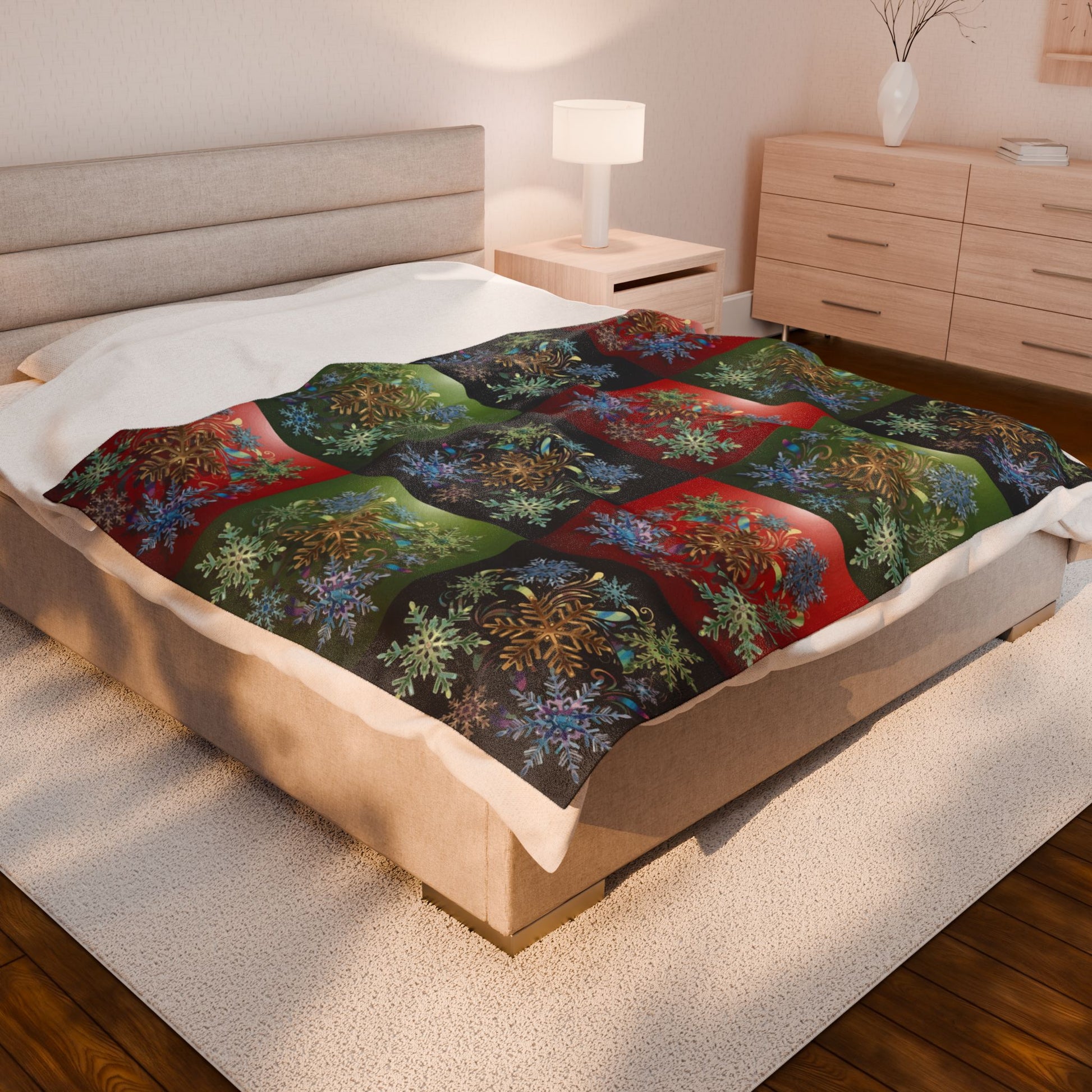 Bed with a colorful floral patterned bedspread in a bedroom setting.