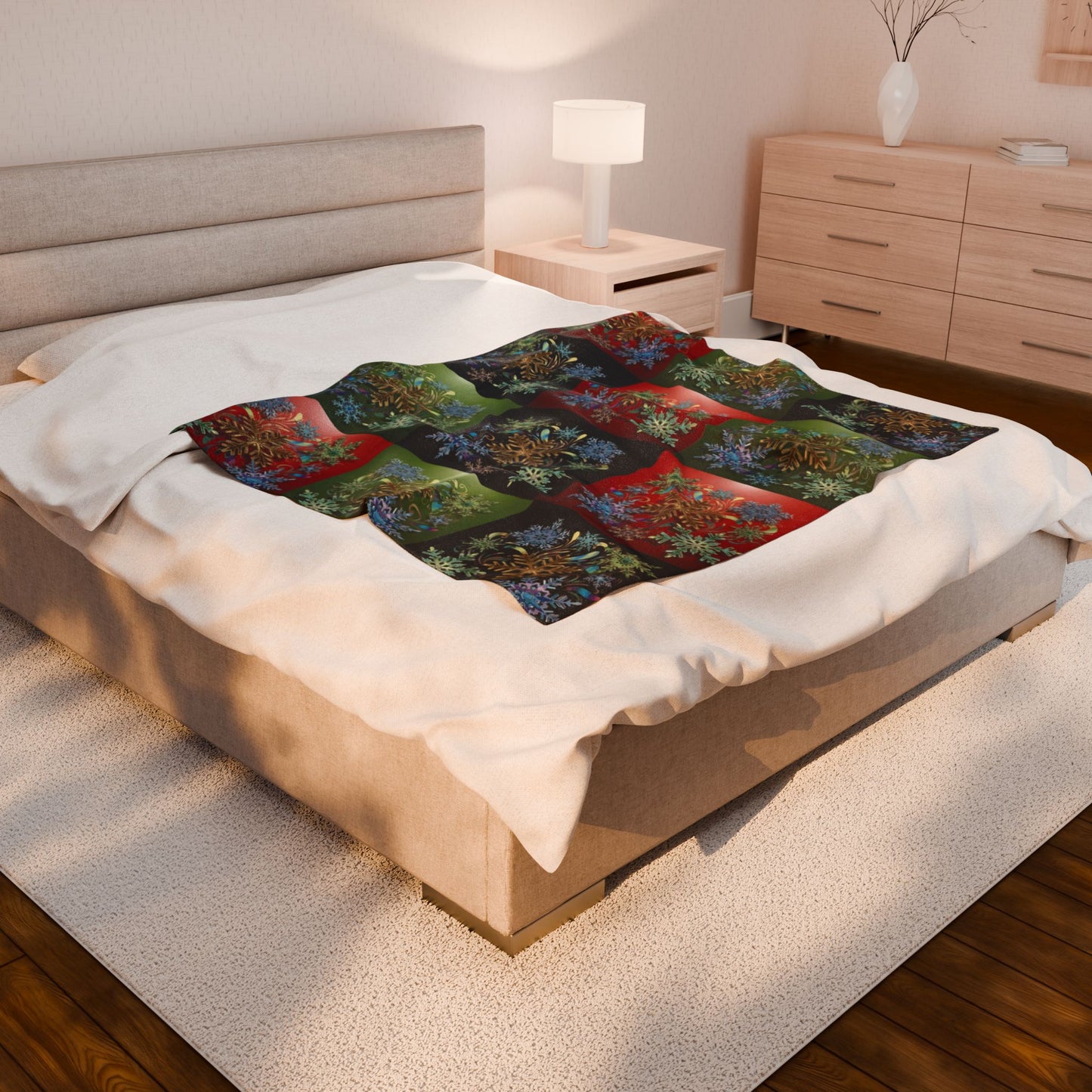 Bed with a colorful patterned blanket in a bedroom setting
