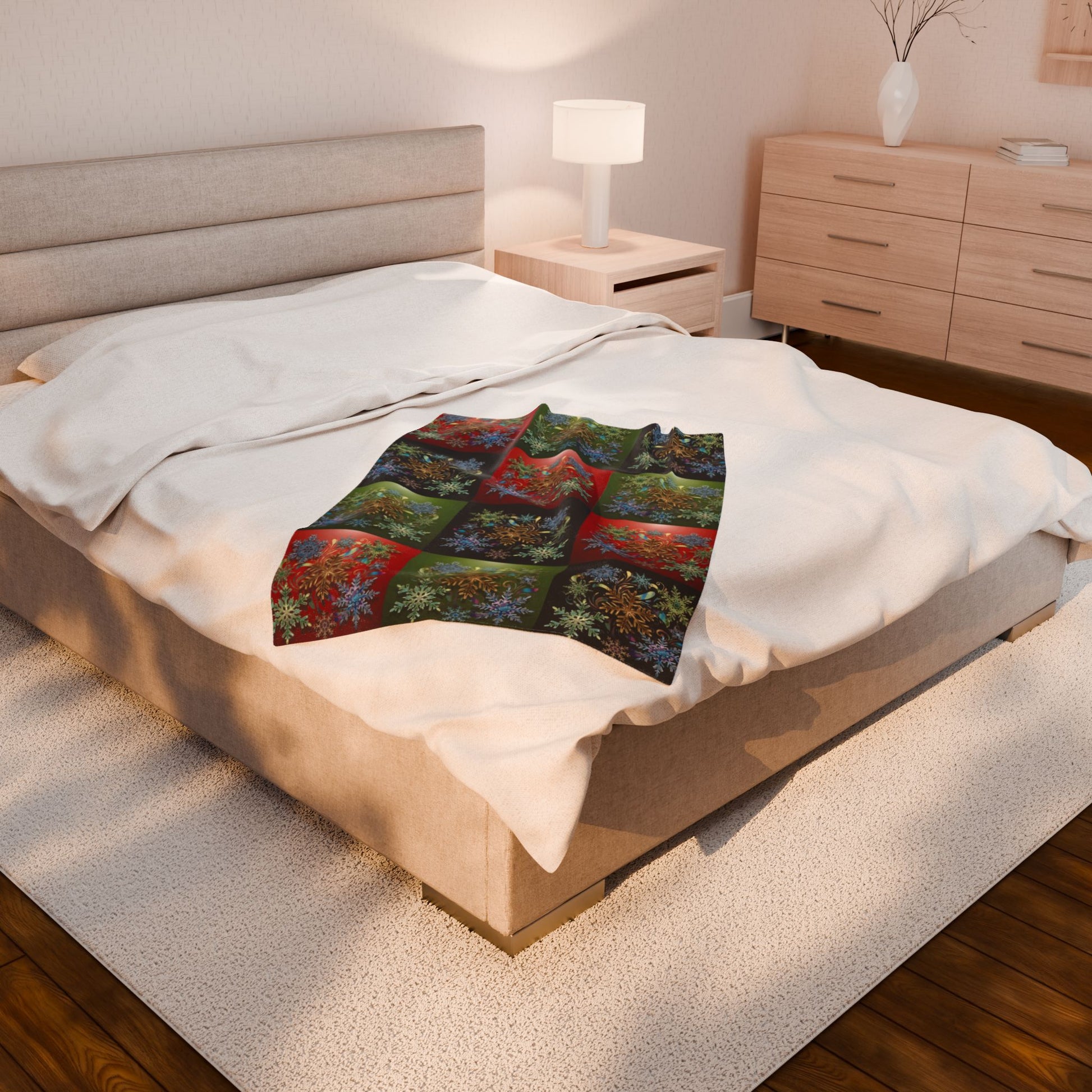 Bed with a colorful patterned blanket in a bedroom setting
